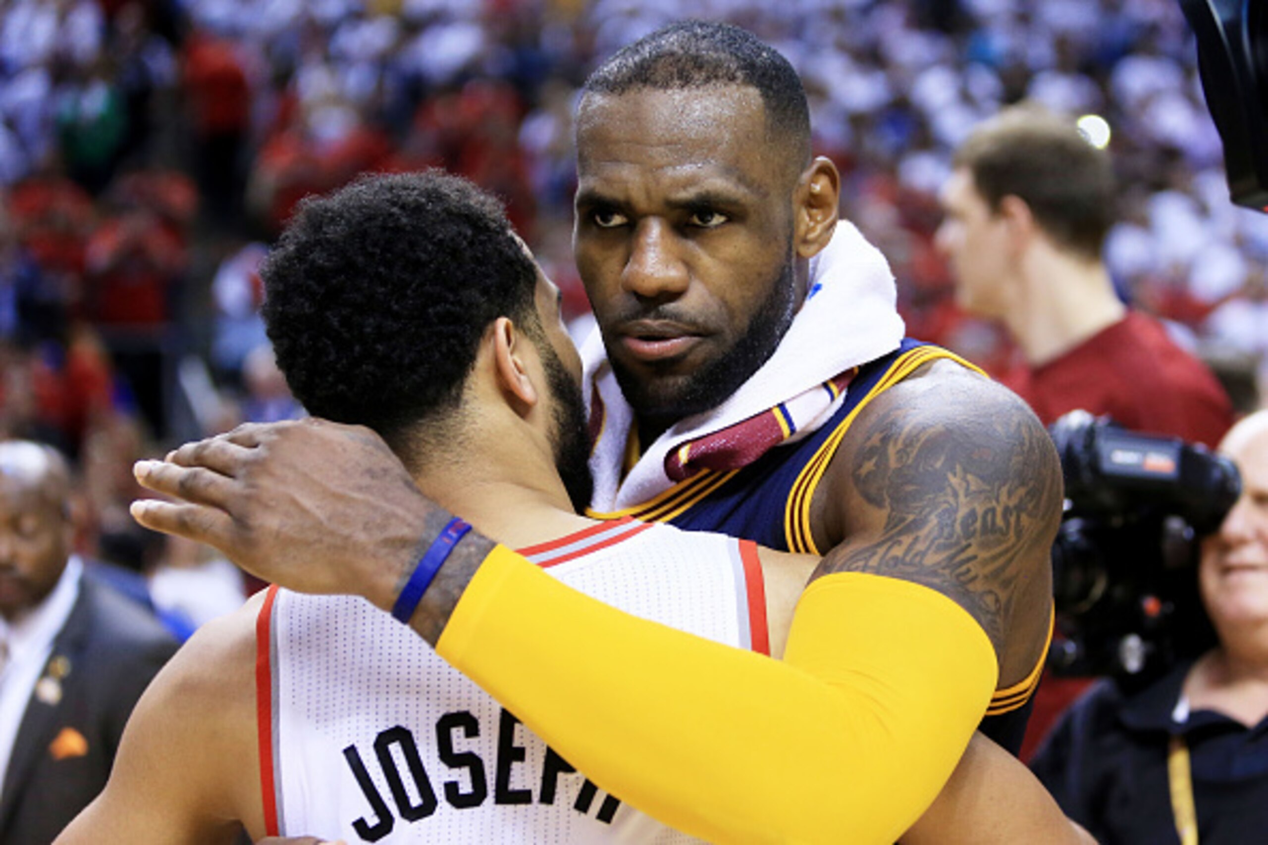 TORONTO, ON - MAY 27: LeBron James #23 of the Cleveland Cavaliers embraces Cory Joseph #6 of the Toronto Raptors after the Cleveland Cavaliers defeated the Toronto Raptors 113 to 87 in game six of the Eastern Conference Finals during the 2016 NBA Playoff TORONTO, ON - MAY 27: LeBron James #23 of the Cleveland Cavaliers embraces Cory Joseph #6 of the Toronto Raptors after the Cleveland Cavaliers defeated the Toronto Raptors 113 to 87 in game six of the Eastern Conference Finals during the 2016 NBA Playoff