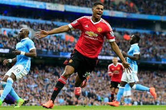 Rashford celebrates his winner at the Etihad.