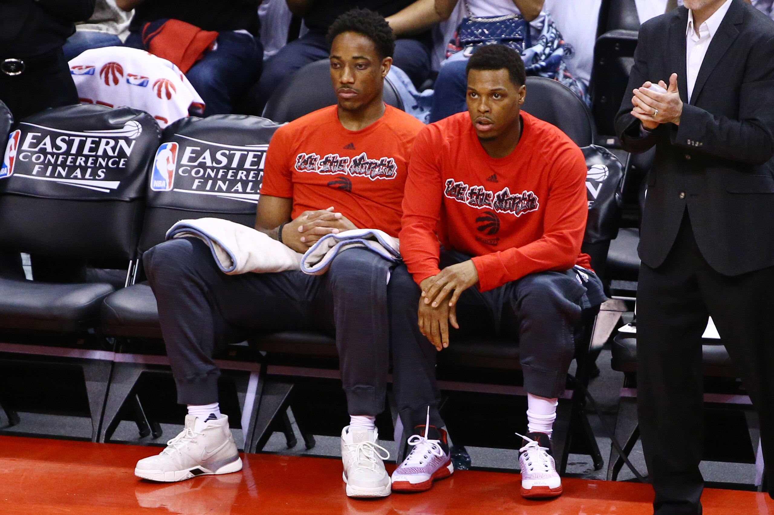 TORONTO, CANADA - MAY 27:  DeMar DeRozan #10 of the Toronto Raptors and Kyle Lowry #7 of the Toronto Raptors talk before the game against the Cleveland Cavaliers in Game Six of the Eastern Conference Finals during the 2016 NBA Playoffs on May 27, 2016 at