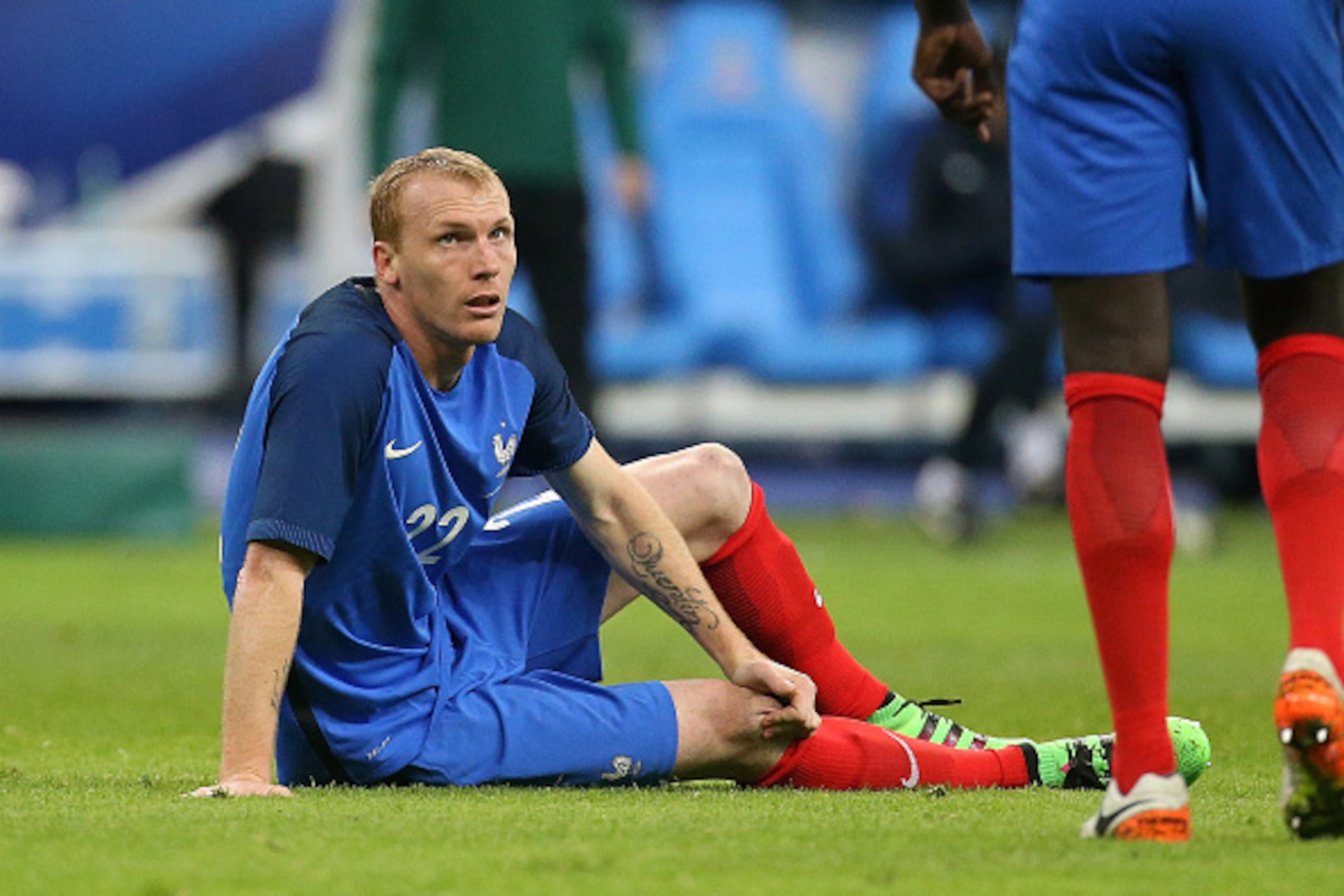 PARIS, FRANCE - MARCH 29: Injured, Jeremy Mathieu of France looks on during the international friendly match between France and Russia at Stade de France on March 29, 2016 in Saint-Denis near Paris, France.  (Photo by Jean Catuffe/Getty Images)