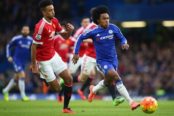 LONDON, ENGLAND - FEBRUARY 07: Cameron Borthwick-Jackson of Manchester United closes down Willian of Chelsea  during the Barclays Premier League match between Chelsea and Manchester United at Stamford Bridge on February 7, 2016 in London, England.  (Photo
