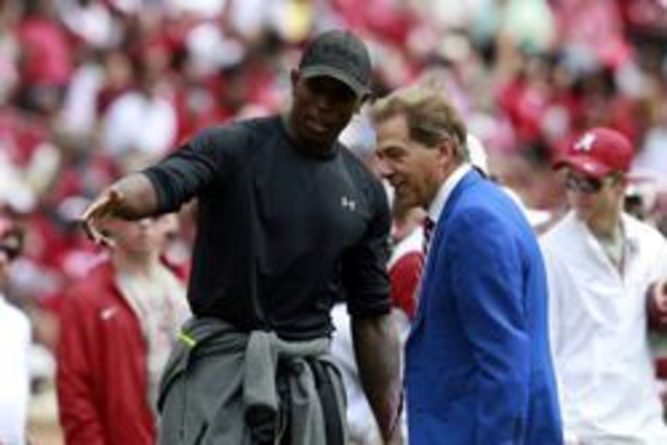 Apr 16, 2016; Tuscaloosa, AL, USA; Alabama Crimson Tide head coach Nick Saban talks with Julio Jones (not shown) during the annual A-day game at Bryant-Denny Stadium. Mandatory Credit: Marvin Gentry-USA TODAY Sports