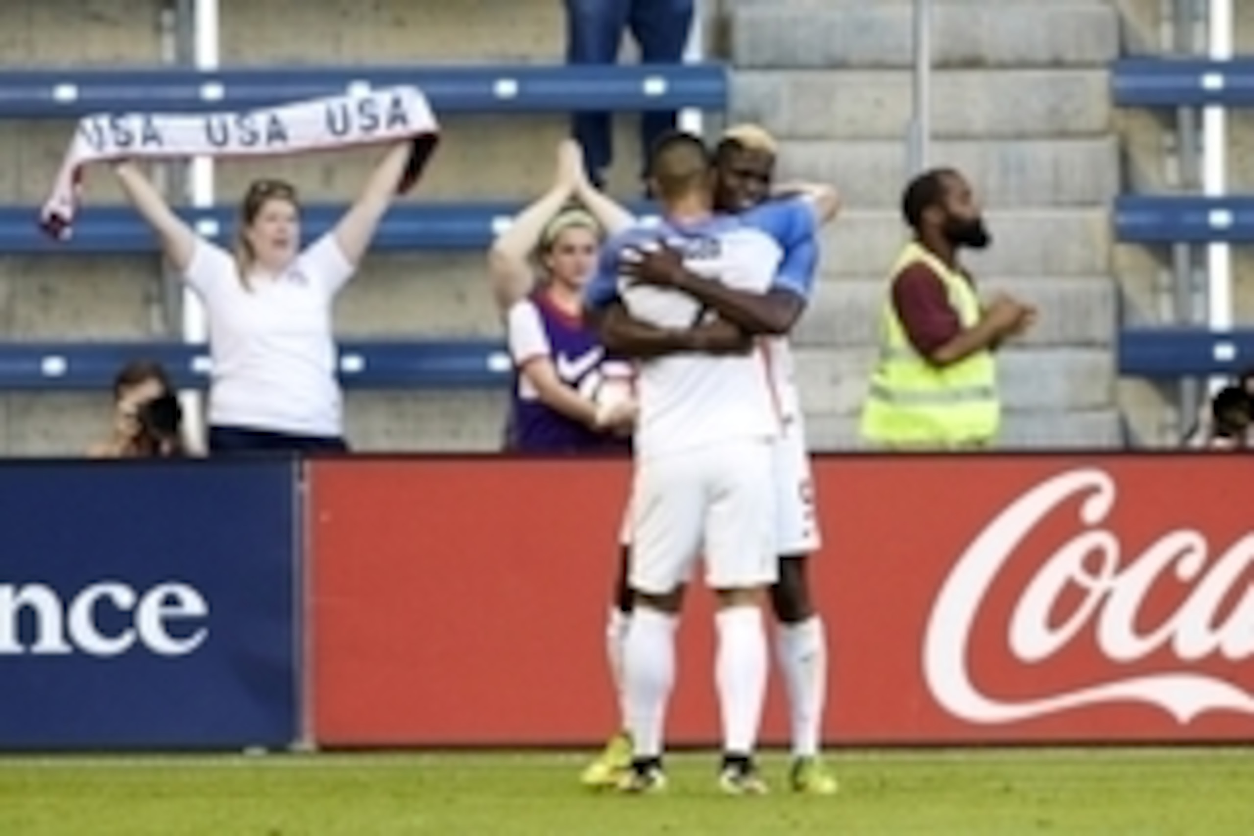 May 28, 2016; Kansas City, KS, USA; US Men's National Team forward Gyasi Zardes (9) scores a goal in the first half and is greeted by US Men's National Team forward Gyasi Zardes (9) at Children's Mercy Park. Mandatory Credit: Gary Rohman/MLS/USA TODAY Spo