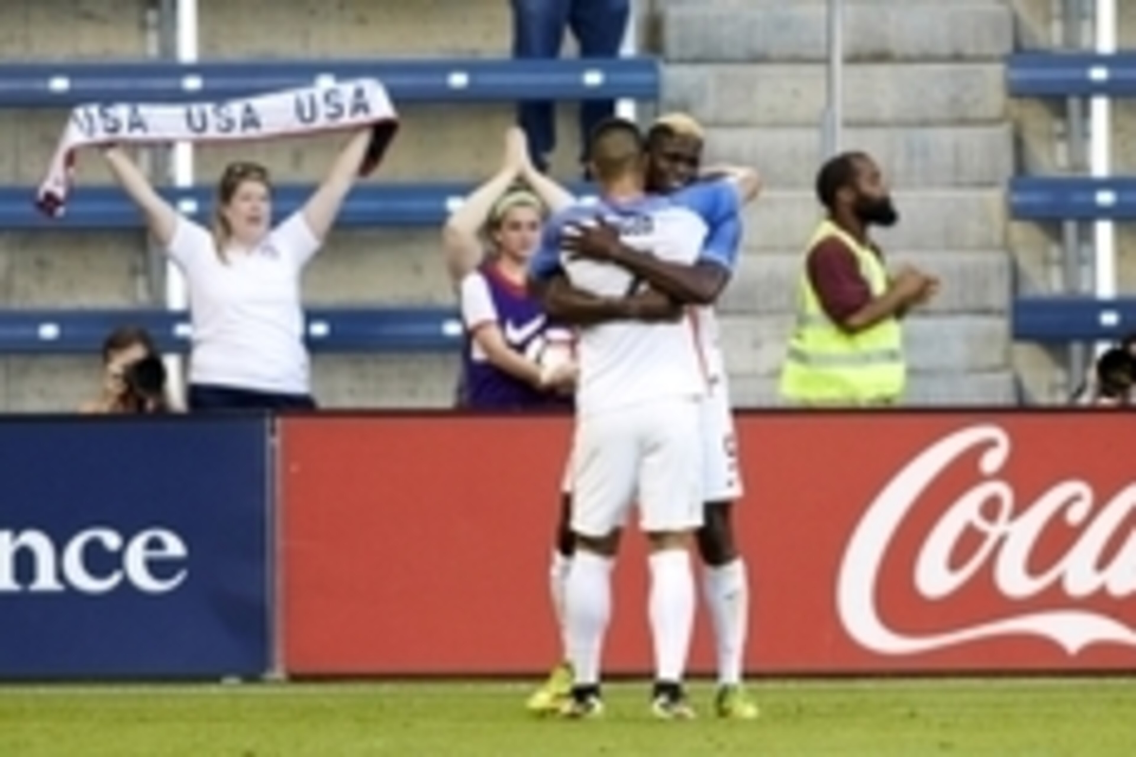 May 28, 2016; Kansas City, KS, USA; US Men's National Team forward Gyasi Zardes (9) scores a goal in the first half and is greeted by US Men's National Team forward Gyasi Zardes (9) at Children's Mercy Park. Mandatory Credit: Gary Rohman/MLS/USA TODAY Spo