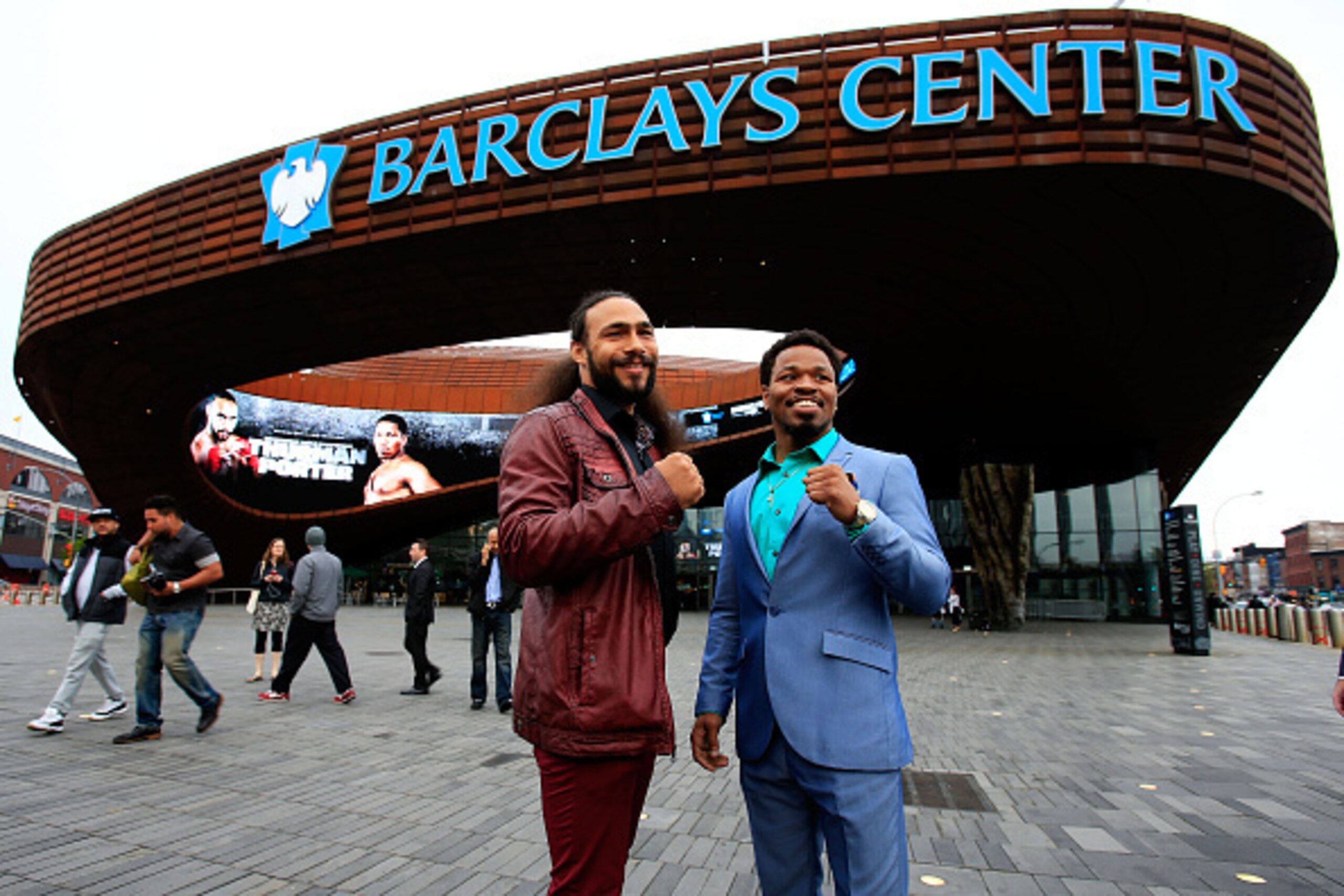 NEW YORK, NY - APRIL 26:  Welterweight world champion Keith Thurman (L) and former world champion Shawn Porter pose outside the Barclays Center on April 26, 2016 in the Brooklyn borough of New York City. Thurman and Porter are scheduled to fight in a Worl