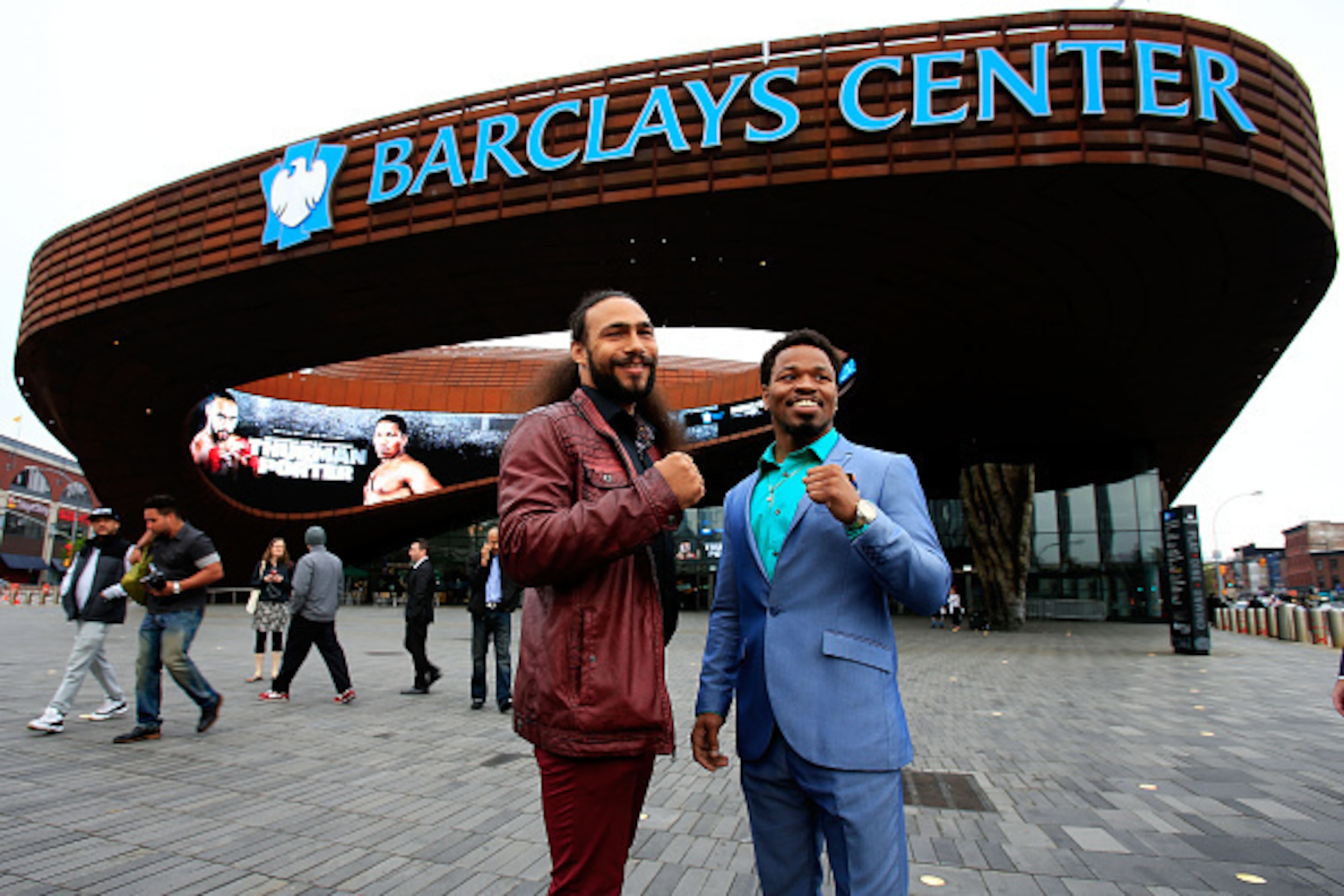 NEW YORK, NY - APRIL 26:  Welterweight world champion Keith Thurman (L) and former world champion Shawn Porter pose outside the Barclays Center on April 26, 2016 in the Brooklyn borough of New York City. Thurman and Porter are scheduled to fight in a Worl