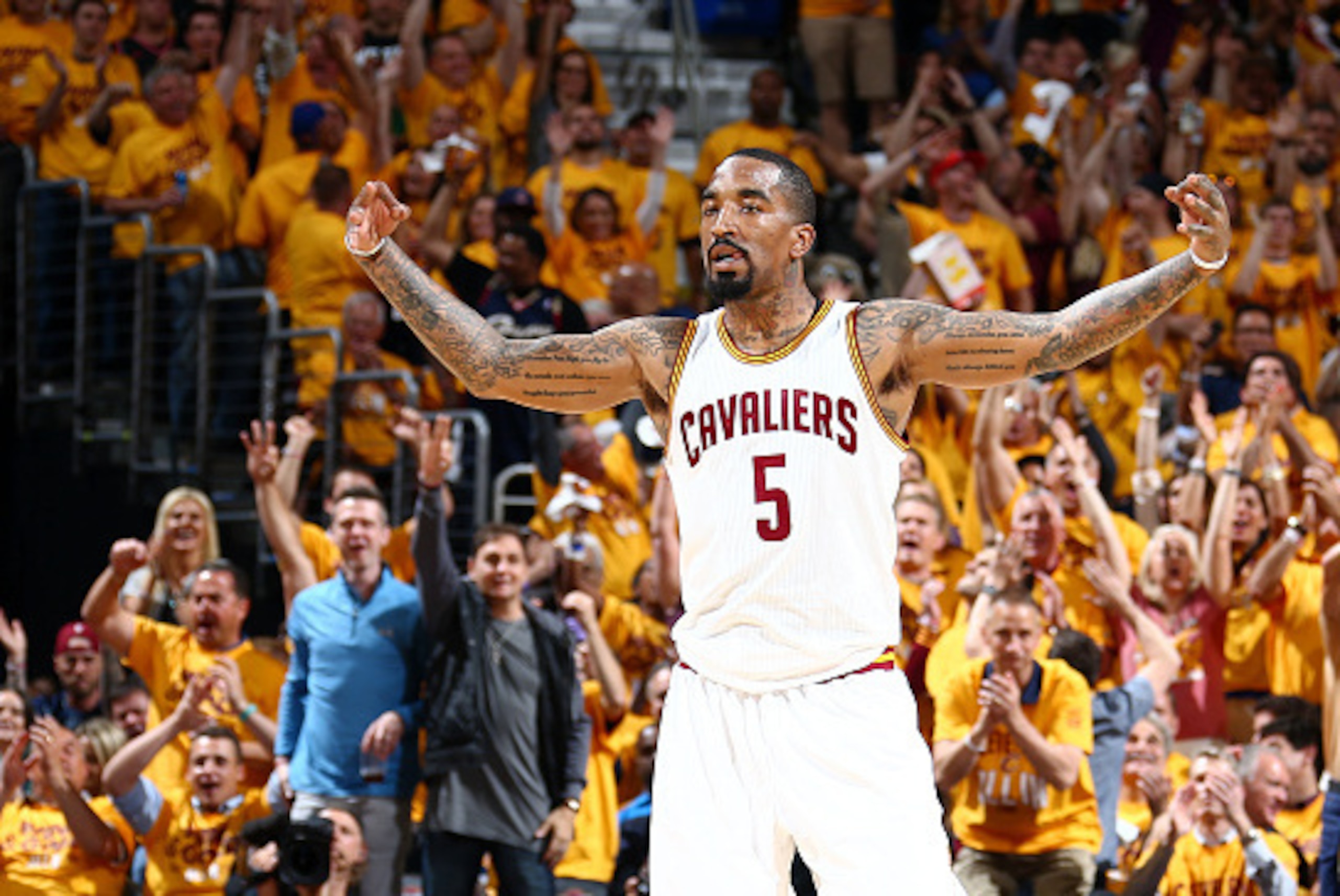 CLEVELAND, OH - MAY 25: J.R. Smith #5 of the Cleveland Cavaliers celebrates during the game against the Toronto Raptors in Game Five of the Eastern Conference Finals during the 2016 NBA Playoffs on May 25, 2016 at Quicken Loans Arena in Cleveland, Ohio. CLEVELAND, OH - MAY 25: J.R. Smith #5 of the Cleveland Cavaliers celebrates during the game against the Toronto Raptors in Game Five of the Eastern Conference Finals during the 2016 NBA Playoffs on May 25, 2016 at Quicken Loans Arena in Cleveland, Ohio.