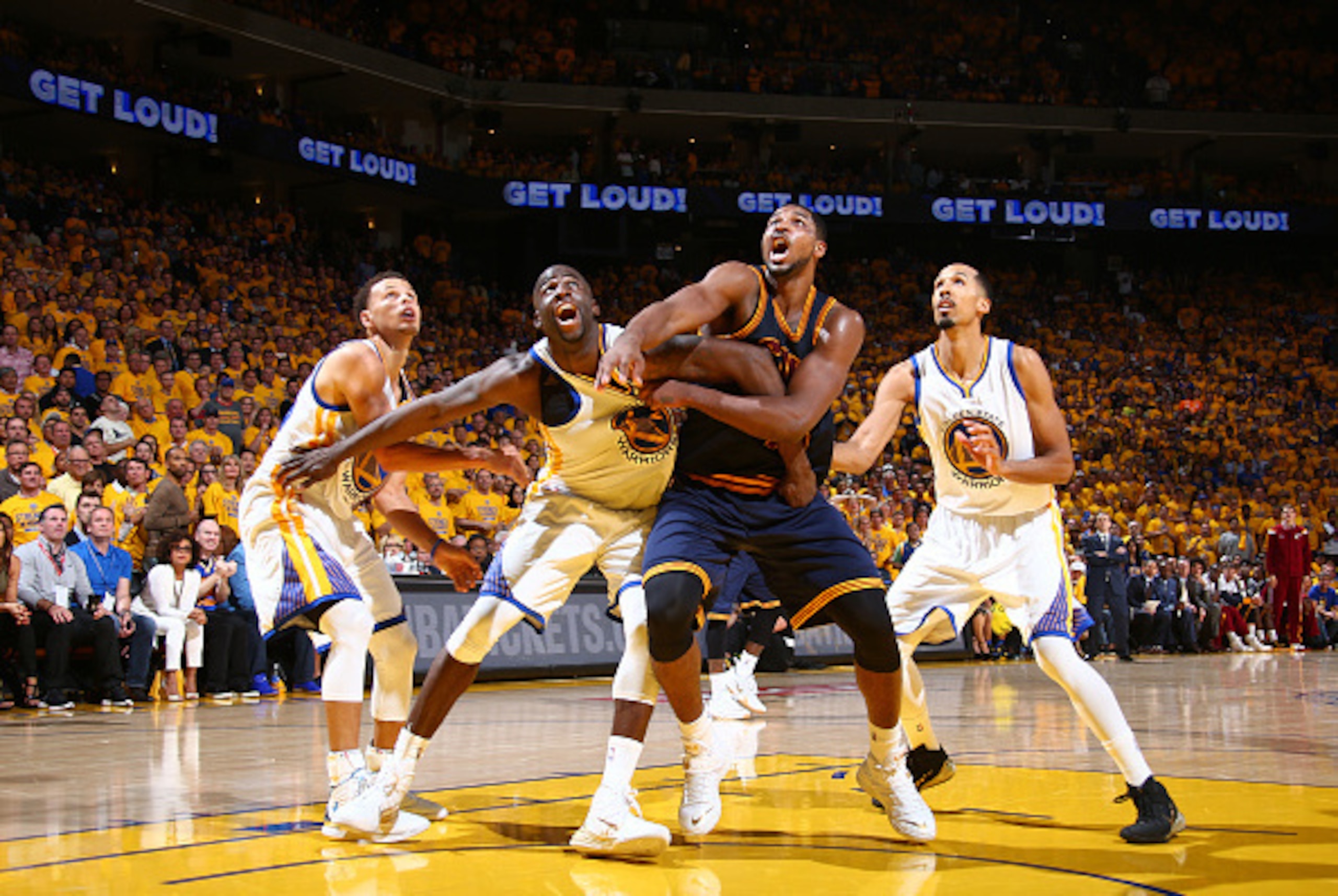 OAKLAND, CA - JUNE 14: Draymond Green #23 of the Golden State Warriors and Tristan Thompson #13 of the Cleveland Cavaliers box out for a rebound during Game Five of the 2015 NBA Finals on June 14, 2015 at Oracle Arena in Oakland, California. NOTE TO USER: OAKLAND, CA - JUNE 14: Draymond Green #23 of the Golden State Warriors and Tristan Thompson #13 of the Cleveland Cavaliers box out for a rebound during Game Five of the 2015 NBA Finals on June 14, 2015 at Oracle Arena in Oakland, California. NOTE TO USER: