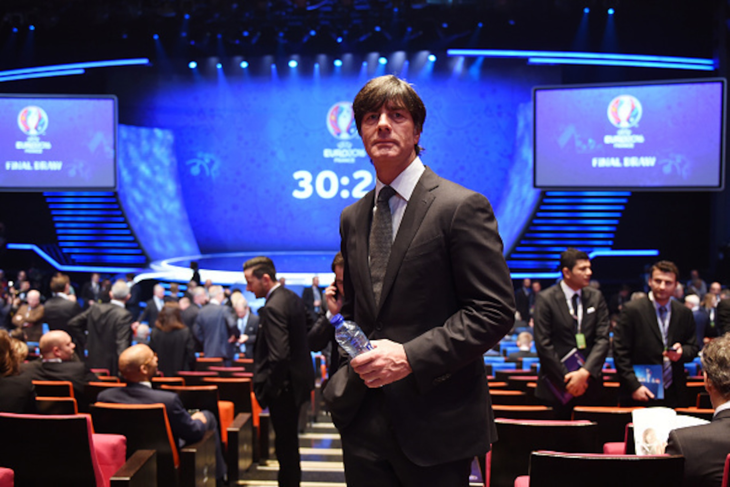 PARIS, FRANCE - DECEMBER 12:  Joachim Low Manager of Germany is seen prior to the UEFA Euro 2016 Final Draw Ceremony at Palais des Congres on December 12, 2015 in Paris, France.  (Photo by Matthias Hangst/Getty Images)