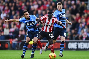 SOUTHAMPTON, ENGLAND - DECEMBER 19:  Sadio Mane of Southampton battles with Mousa Dembele (19) and Eric Dier of Tottenham Hotspur (15) during the Barclays Premier League match between Southampton and Tottenham Hotspur at St Mary's Stadium on December 19, 