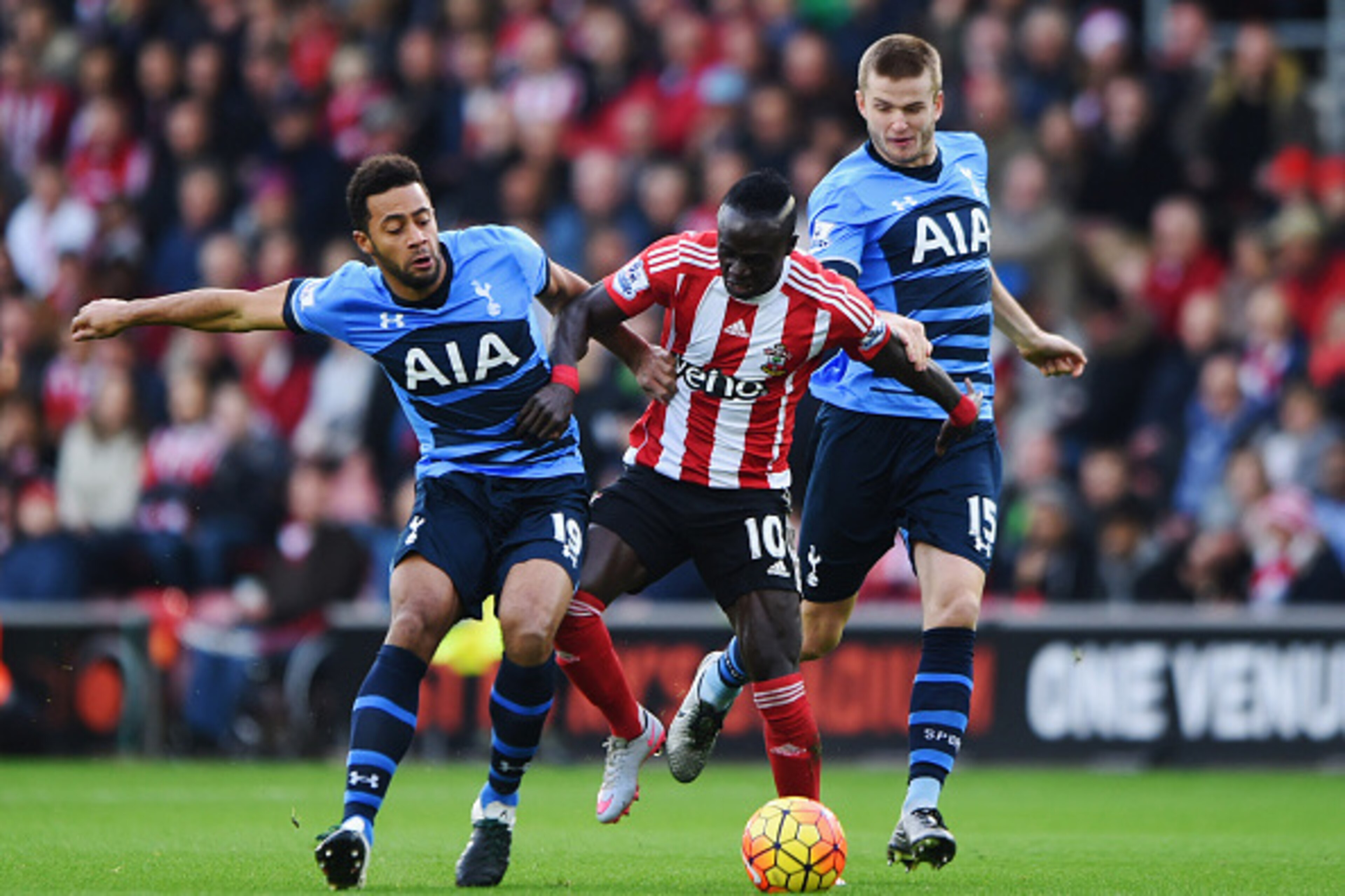 SOUTHAMPTON, ENGLAND - DECEMBER 19: Sadio Mane of Southampton battles with Mousa Dembele (19) and Eric Dier of Tottenham Hotspur (15) during the Barclays Premier League match between Southampton and Tottenham Hotspur at St Mary's Stadium on December 19, SOUTHAMPTON, ENGLAND - DECEMBER 19: Sadio Mane of Southampton battles with Mousa Dembele (19) and Eric Dier of Tottenham Hotspur (15) during the Barclays Premier League match between Southampton and Tottenham Hotspur at St Mary's Stadium on December 19,