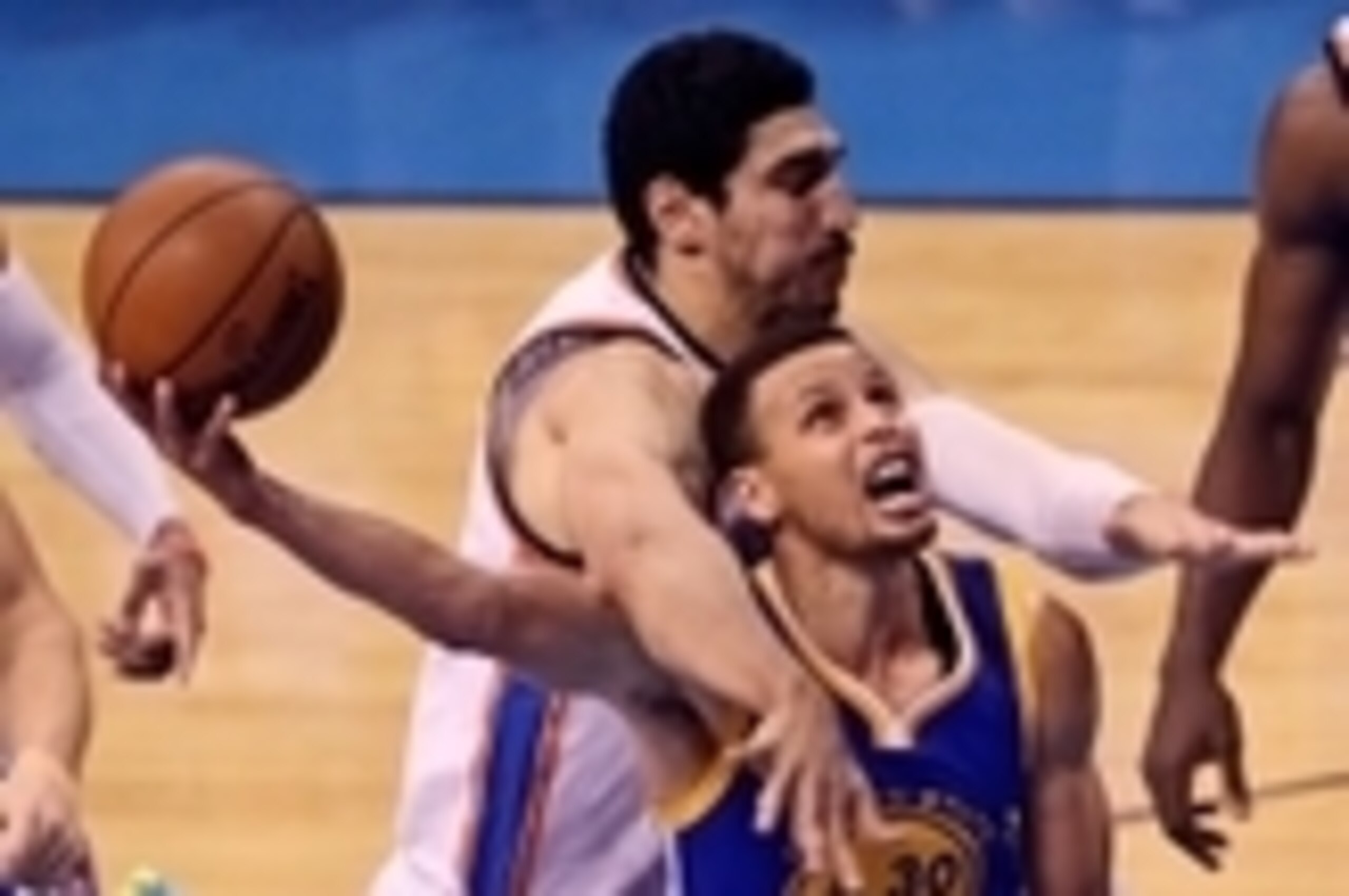 May 28, 2016; Oklahoma City, OK, USA; Golden State Warriors guard Stephen Curry (30) is fouled by Oklahoma City Thunder center Enes Kanter (11) during the second half in game six of the Western conference finals of the NBA Playoffs at Chesapeake Energy Ar