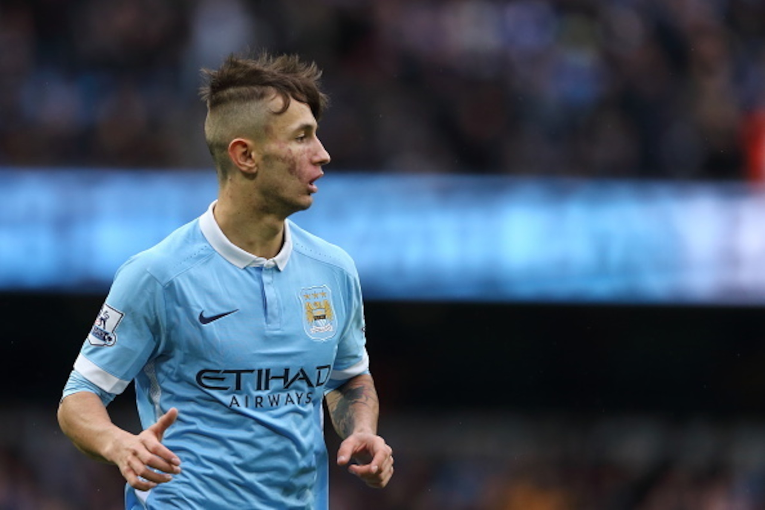 MANCHESTER, ENGLAND - FEBRUARY 06:  Bersant Celina of Manchester City during the Barclays Premier League match between Manchester City and Leicester City at the Etihad Stadium on February 06, 2016 in Manchester, England.  (Photo by Matthew Ashton - AMA/Ge