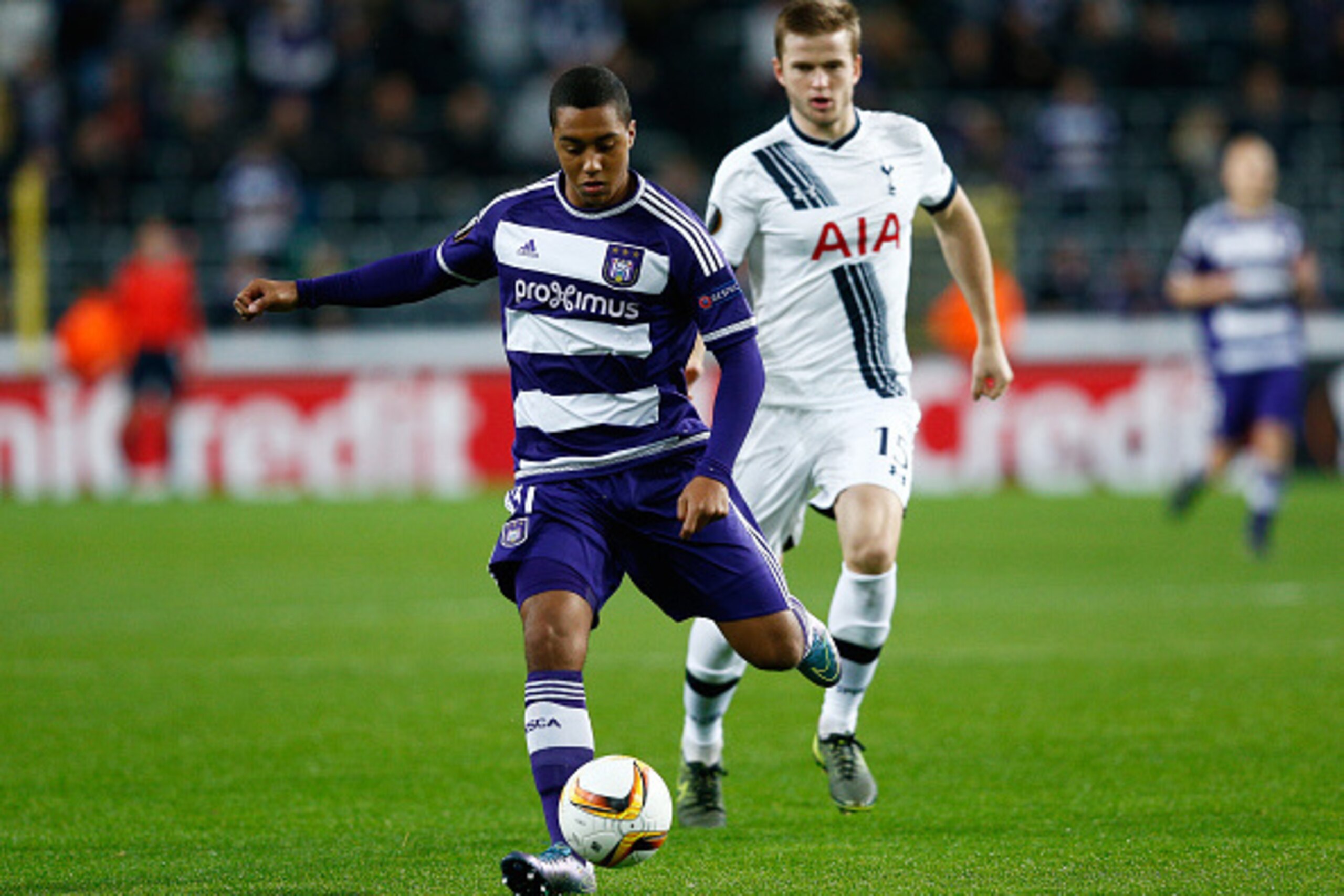 BRUSSELS, BELGIUM - OCTOBER 22:  Youri Tielemans of Anderlecht is closed down by Eric Dier of Spurs during the UEFA Europa League Group J match between RSC Anderlecht and Tottenham Hotspur FC at the Constant Vanden Stock Stadium on October 22, 2015 in Bru