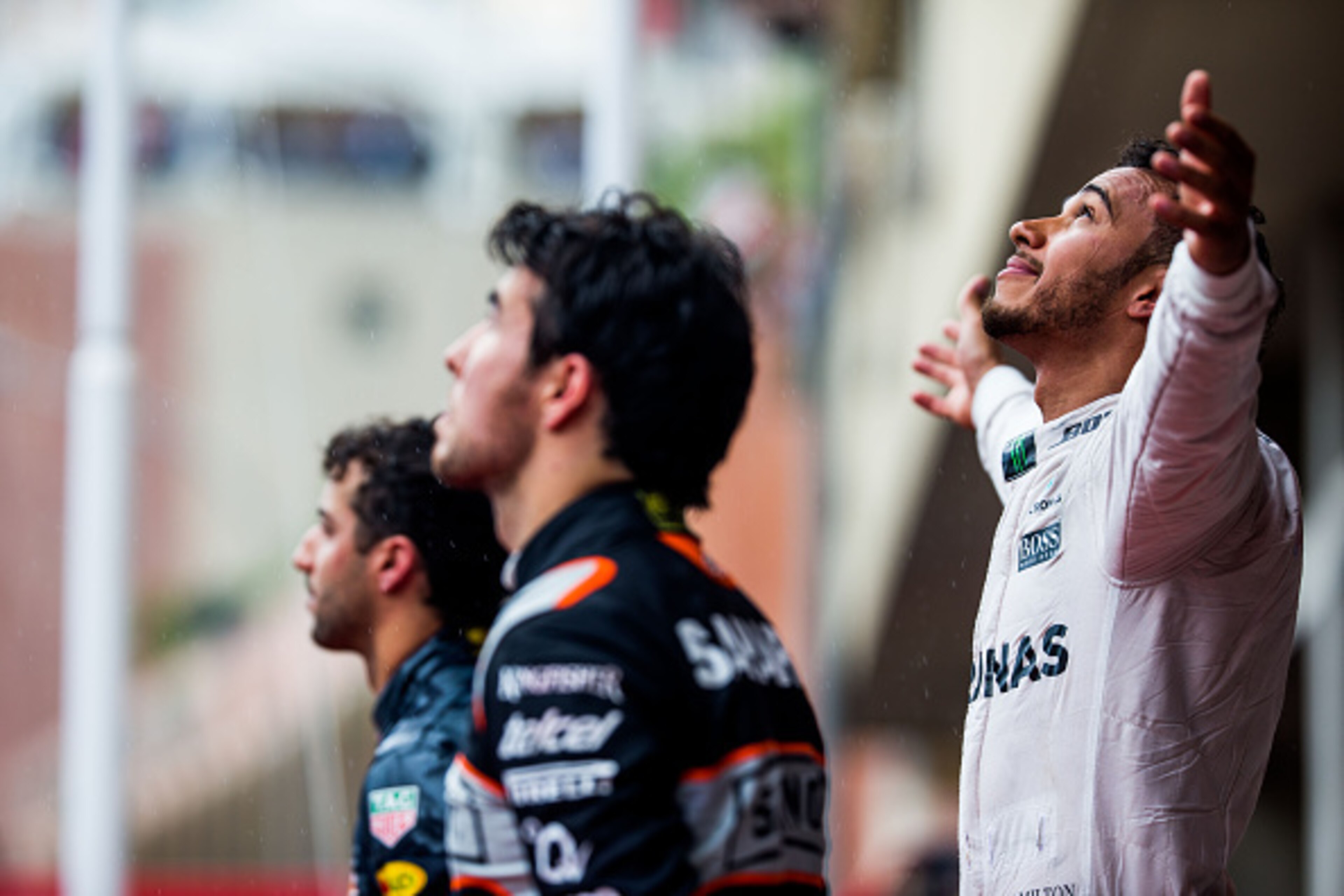 MONTE-CARLO, MONACO - MAY 29:  Lewis Hamilton of Mercedes and Great Britain with Sergio Perez of Mexico and Force India and Daniel Ricciardo of Red Bull Racing and Australia during the Monaco Formula One Grand Prix at Circuit de Monaco on May 29, 2016 in 