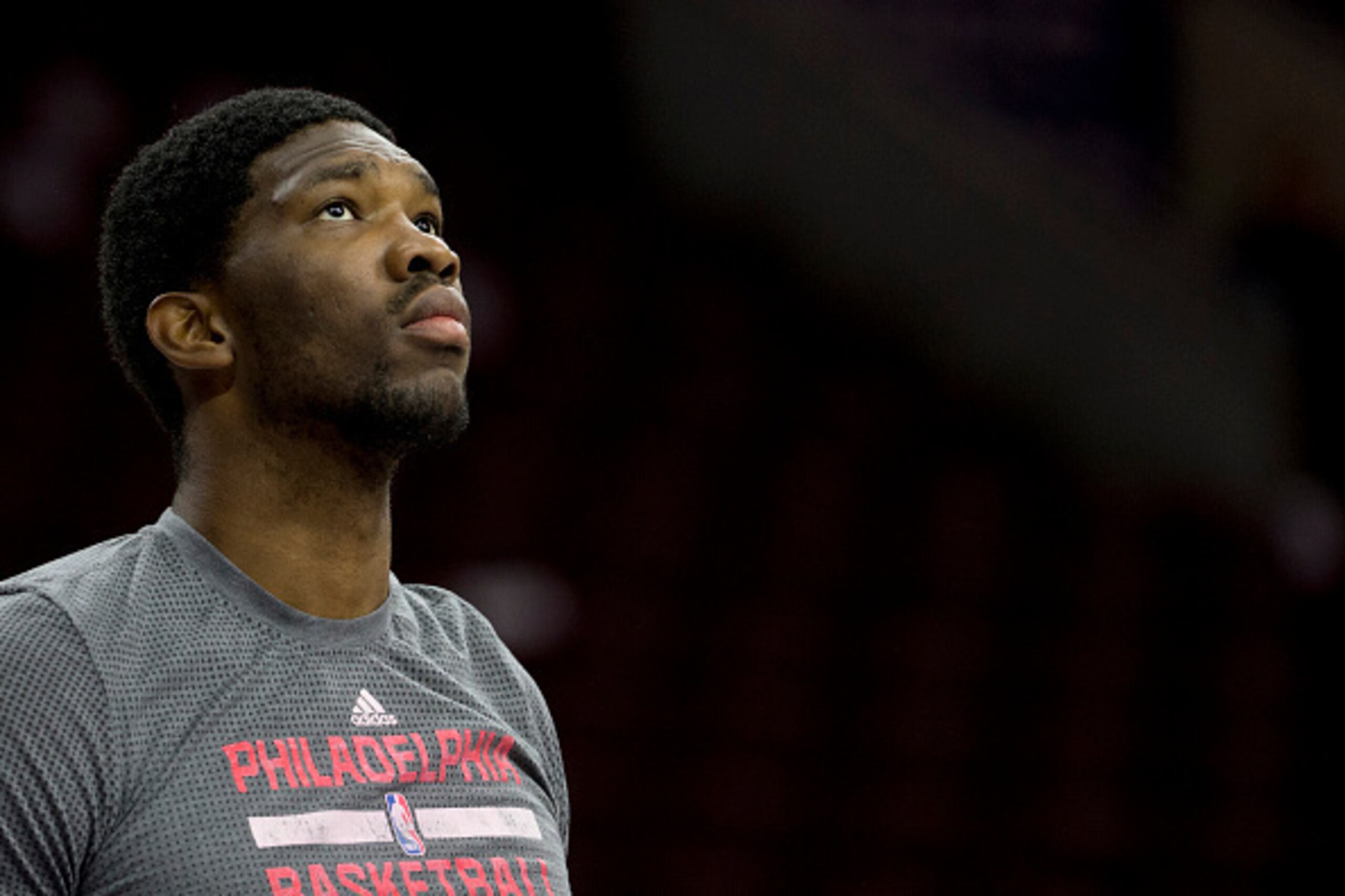 PHILADELPHIA, PA - FEBRUARY 8: Joel Embiid #21 of the Philadelphia 76ers looks on prior to the game against the Los Angeles Clippers on February 8, 2016 at the Wells Fargo Center in Philadelphia, Pennsylvania. NOTE TO USER: User expressly acknowledges and