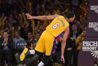 Mar 8, 2016; Los Angeles, CA, USA; Los Angeles Lakers guard Jordan Clarkson (6) runs down court after a three point basket in the second half of the game against the Orlando Magic at Staples Center. The Lakers won 107-98. Mandatory Credit: Jayne Kamin-Onc
