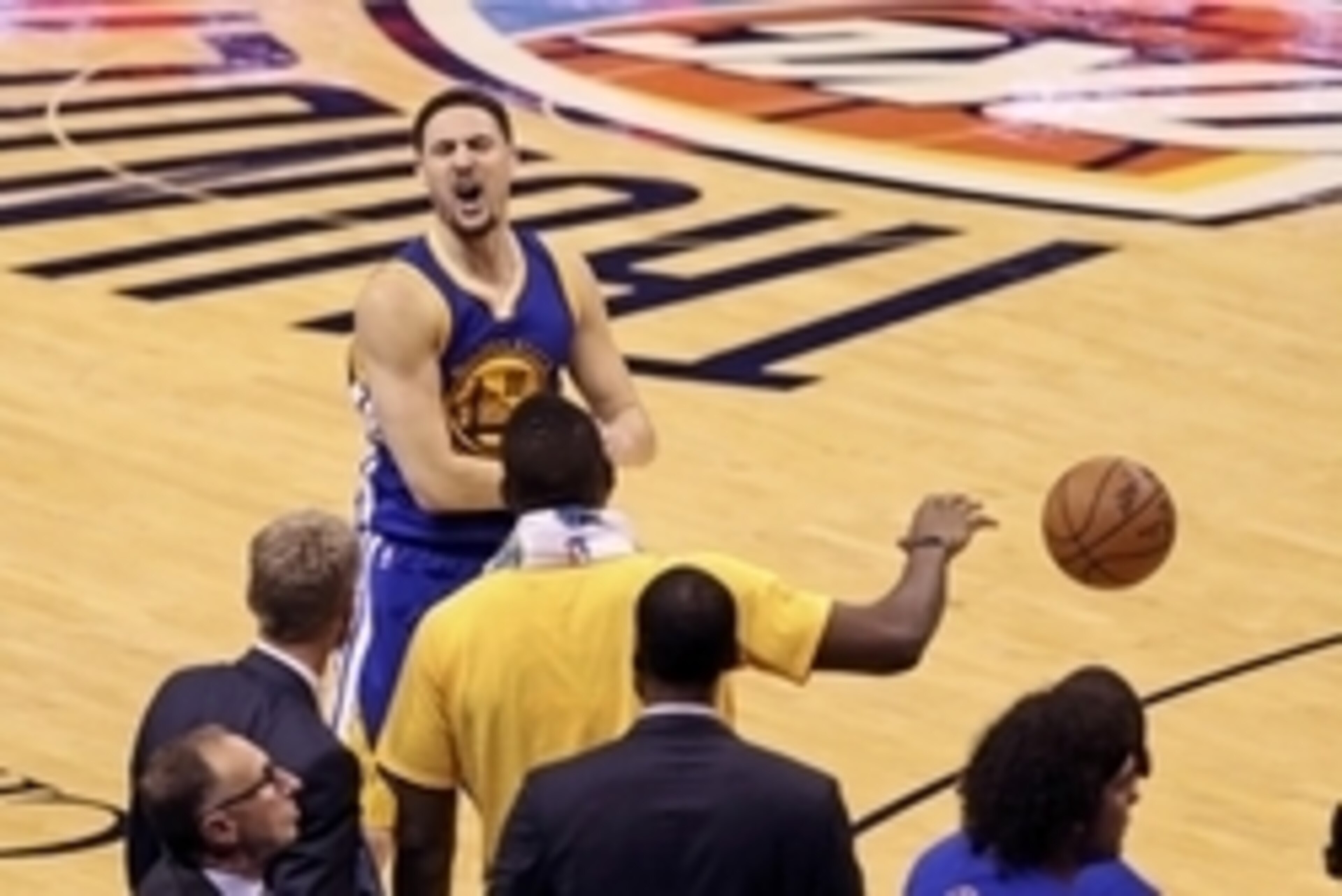 May 28, 2016; Oklahoma City, OK, USA; Golden State Warriors guard Klay Thompson (11) celebrates during the fourth quarter against the Oklahoma City Thunder in game six of the Western conference finals of the NBA Playoffs at Chesapeake Energy Arena. Mandat