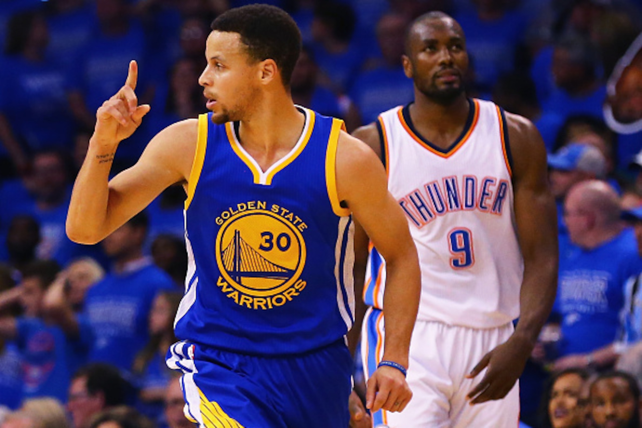 OKLAHOMA CITY, OK - MAY 28:  Stephen Curry #30 of the Golden State Warriors reacts during the first half against the Oklahoma City Thunder in game six of the Western Conference Finals during the 2016 NBA Playoffs at Chesapeake Energy Arena on May 28, 2016