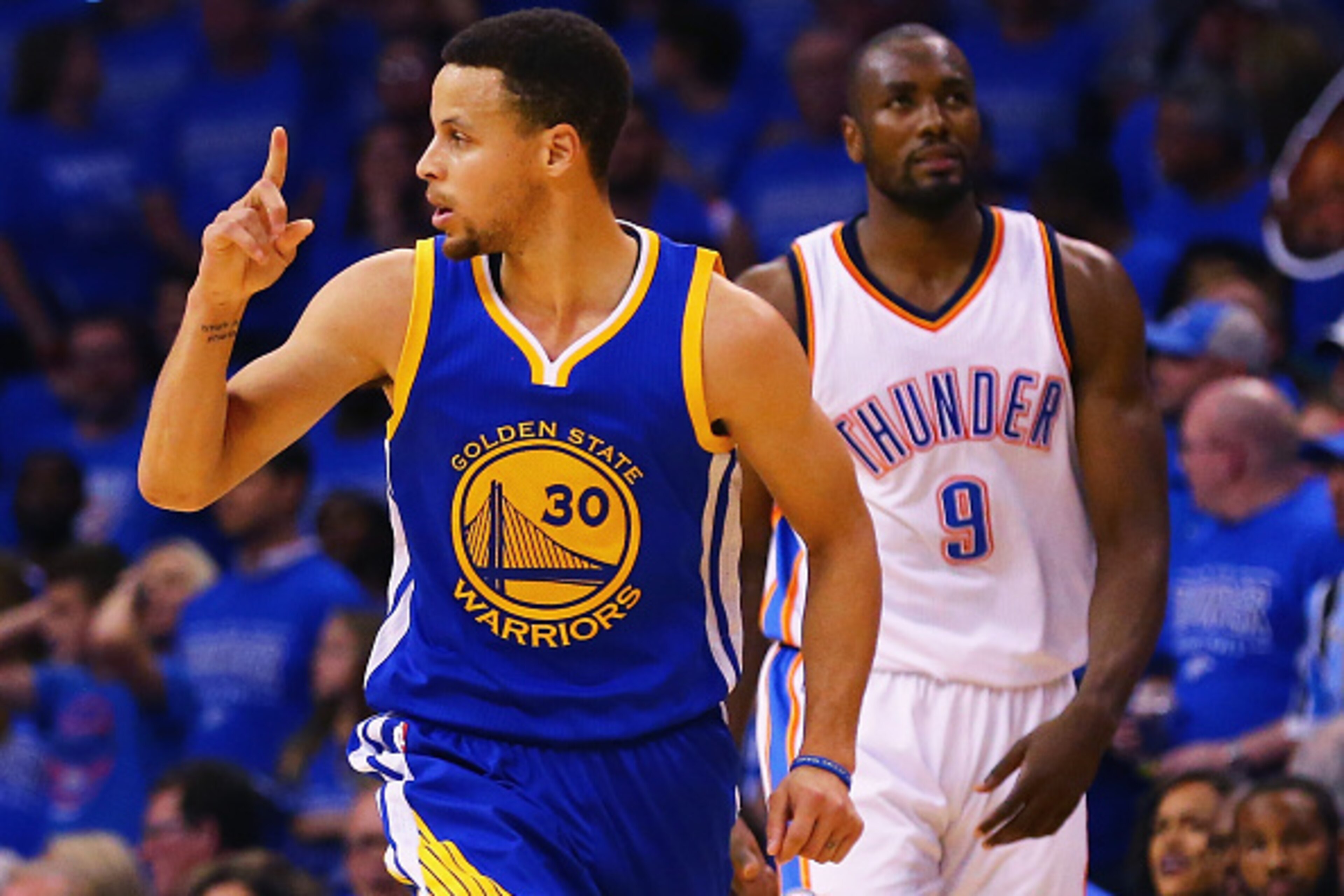 OKLAHOMA CITY, OK - MAY 28: Stephen Curry #30 of the Golden State Warriors reacts during the first half against the Oklahoma City Thunder in game six of the Western Conference Finals during the 2016 NBA Playoffs at Chesapeake Energy Arena on May 28, 2016 OKLAHOMA CITY, OK - MAY 28: Stephen Curry #30 of the Golden State Warriors reacts during the first half against the Oklahoma City Thunder in game six of the Western Conference Finals during the 2016 NBA Playoffs at Chesapeake Energy Arena on May 28, 2016