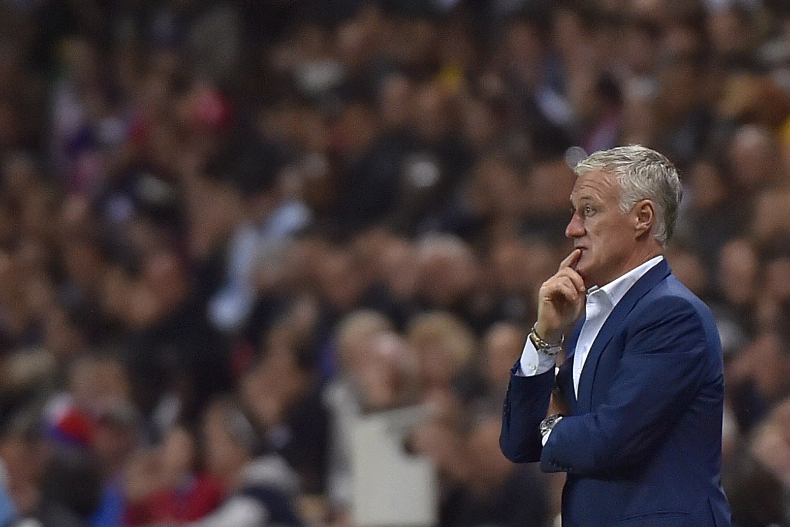 France's head coach Didier Deschamps looks on during the friendly football match between France and Cameroon, at the Beaujoire Stadium in Nantes, western France, on May 30, 2016. / AFP / LOIC VENANCE        (Photo credit should read LOIC VENANCE/AFP/Getty