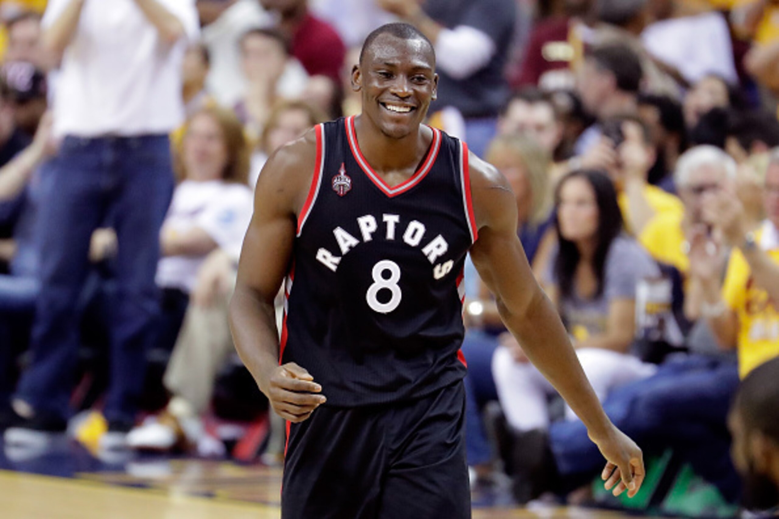 CLEVELAND, OH - MAY 25:  Bismack Biyombo #8 of the Toronto Raptors reacts after a call in the second quarter against the Cleveland Cavaliers in game five of the Eastern Conference Finals during the 2016 NBA Playoffs at Quicken Loans Arena on May 25, 2016 