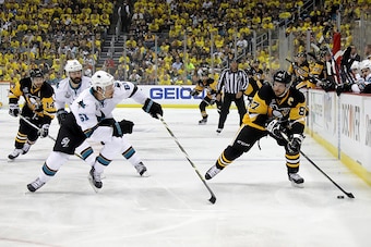 PITTSBURGH, PA - MAY 30:  Sidney Crosby #87 of the Pittsburgh Penguins skates against Justin Braun #61 of the San Jose Sharks during the first period in Game One of the 2016 NHL Stanley Cup Final at Consol Energy Center on May 30, 2016 in Pittsburgh, Penn