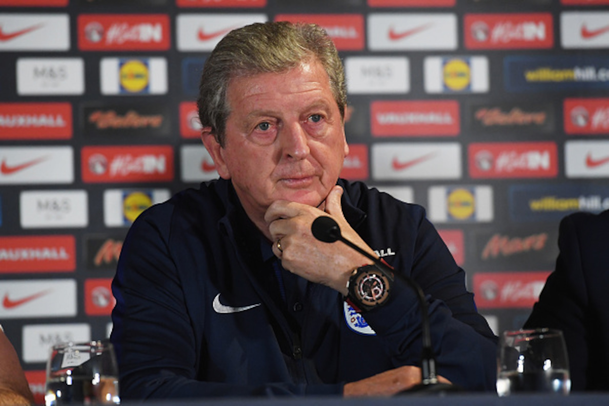 NEWCASTLE UPON TYNE, ENGLAND - MAY 26:  Roy Hodgson manager of England looks on during an England press conference on the eve of their international friendly against Australia at the Hilton Gateshead on May 26, 2016 in Newcastle upon Tyne, England.  (Phot
