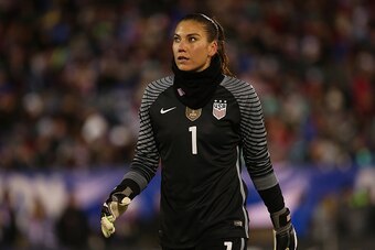 EAST HARTFORD, CT- APRIL 6:  Hope Solo #1 of United States of America walks in to position an international friendly soccer match against Colombia at Pratt & Whitney Stadium on April 6, 2016 in East Hartford, Connecticut. (Photo by Jim Rogash/Getty Images