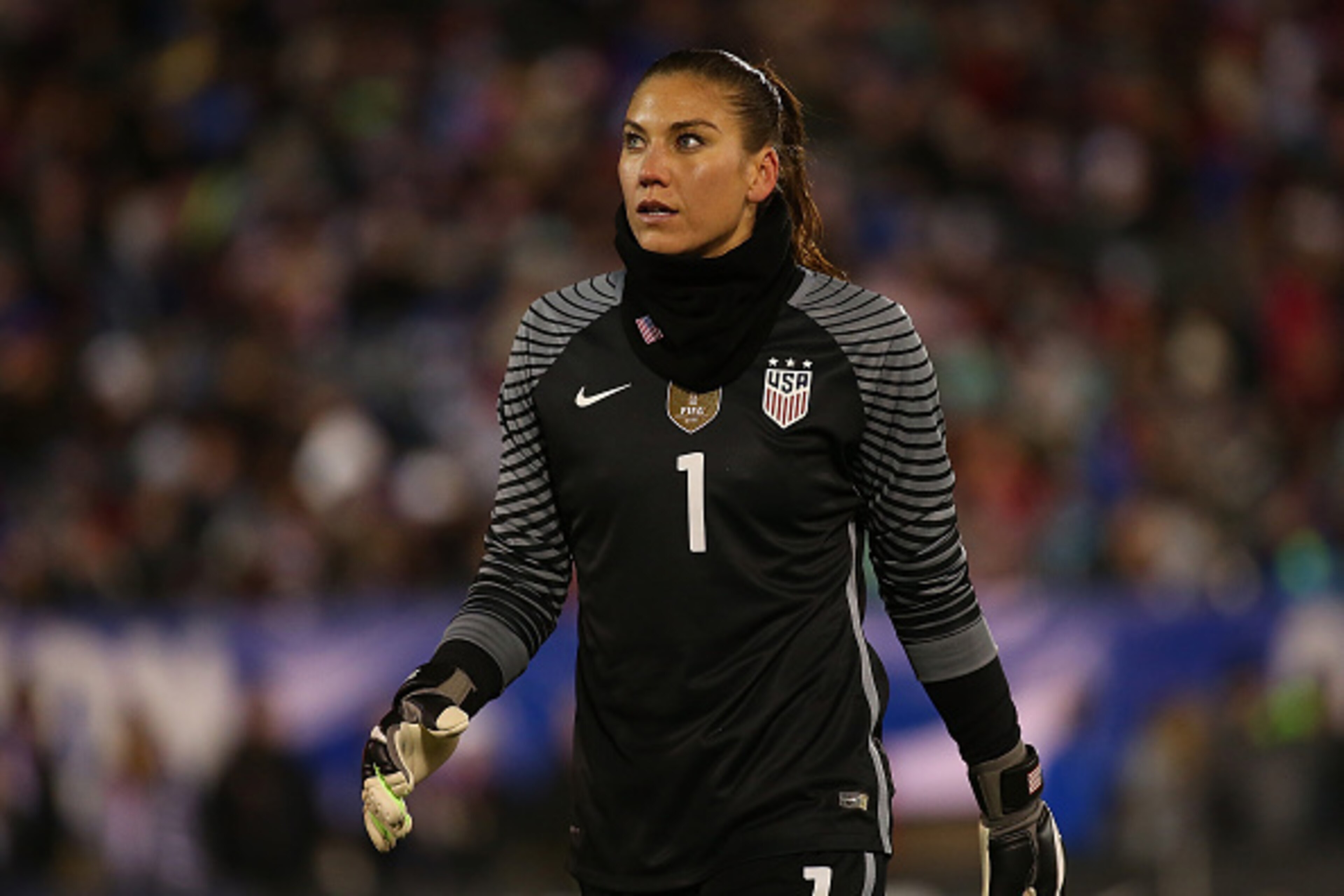 EAST HARTFORD, CT- APRIL 6: Hope Solo #1 of United States of America walks in to position an international friendly soccer match against Colombia at Pratt & Whitney Stadium on April 6, 2016 in East Hartford, Connecticut. (Photo by Jim Rogash/Getty Images EAST HARTFORD, CT- APRIL 6: Hope Solo #1 of United States of America walks in to position an international friendly soccer match against Colombia at Pratt & Whitney Stadium on April 6, 2016 in East Hartford, Connecticut. (Photo by Jim Rogash/Getty Images