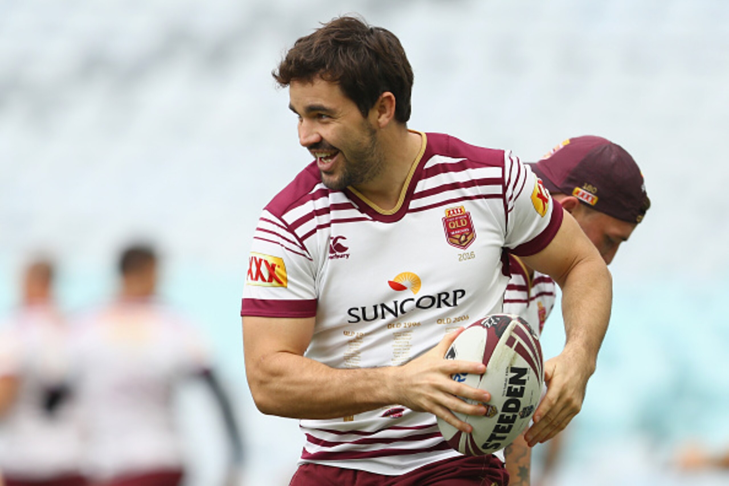 SYDNEY, AUSTRALIA - MAY 31:  Aidan Guerra of the Maroons runs the ball during a Queensland Maroons State Of Origin captain's run at ANZ Stadium on May 31, 2016 in Sydney, Australia.  (Photo by Mark Kolbe/Getty Images)