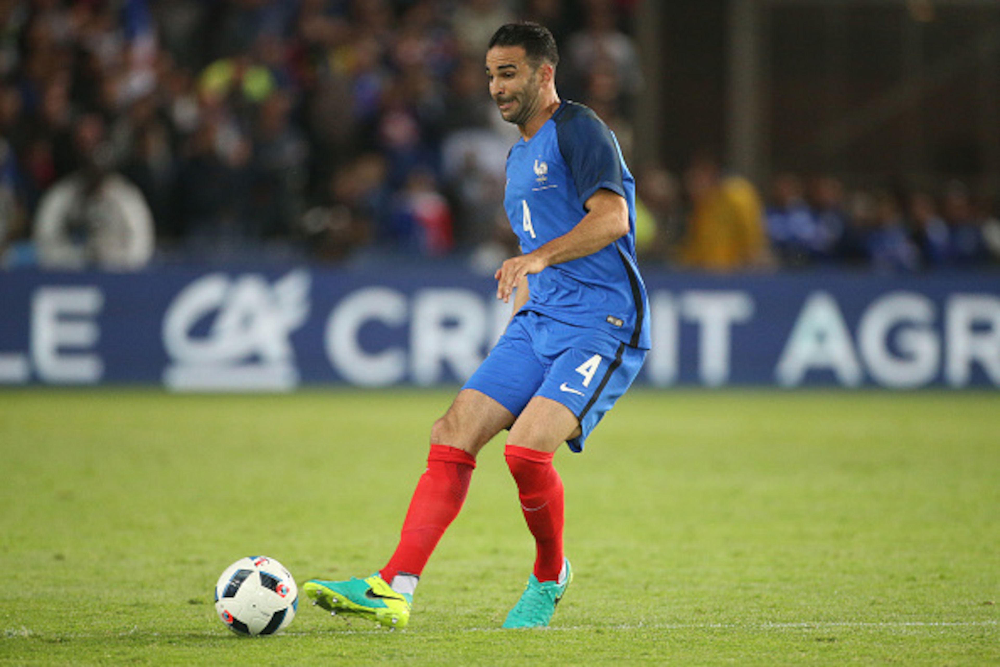 NANTES, FRANCE - MAY 30: Adil Rami of France in action during the international friendly match between France and Cameroon at Stade de La Beaujoire on May 30, 2016 in Nantes, France. (Photo by Jean Catuffe/Getty Images)