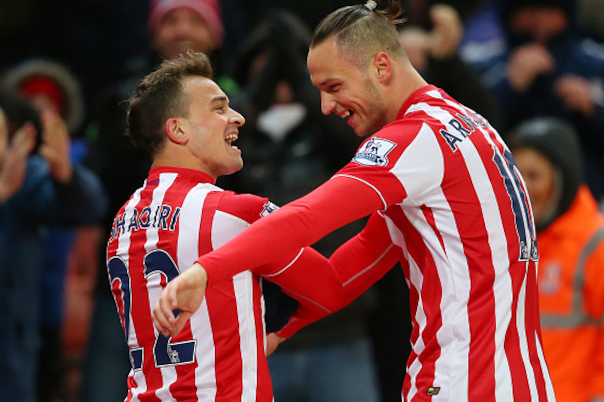 STOKE ON TRENT, ENGLAND - MARCH 02:  Xherdan Shaqiri celebrates with Marko Arnautovic after scoring the opening goal during the Barclays Premier League match between Stoke City and Newcastle United at the Britannia Stadium on March 2, 2016 in Stoke on Tre