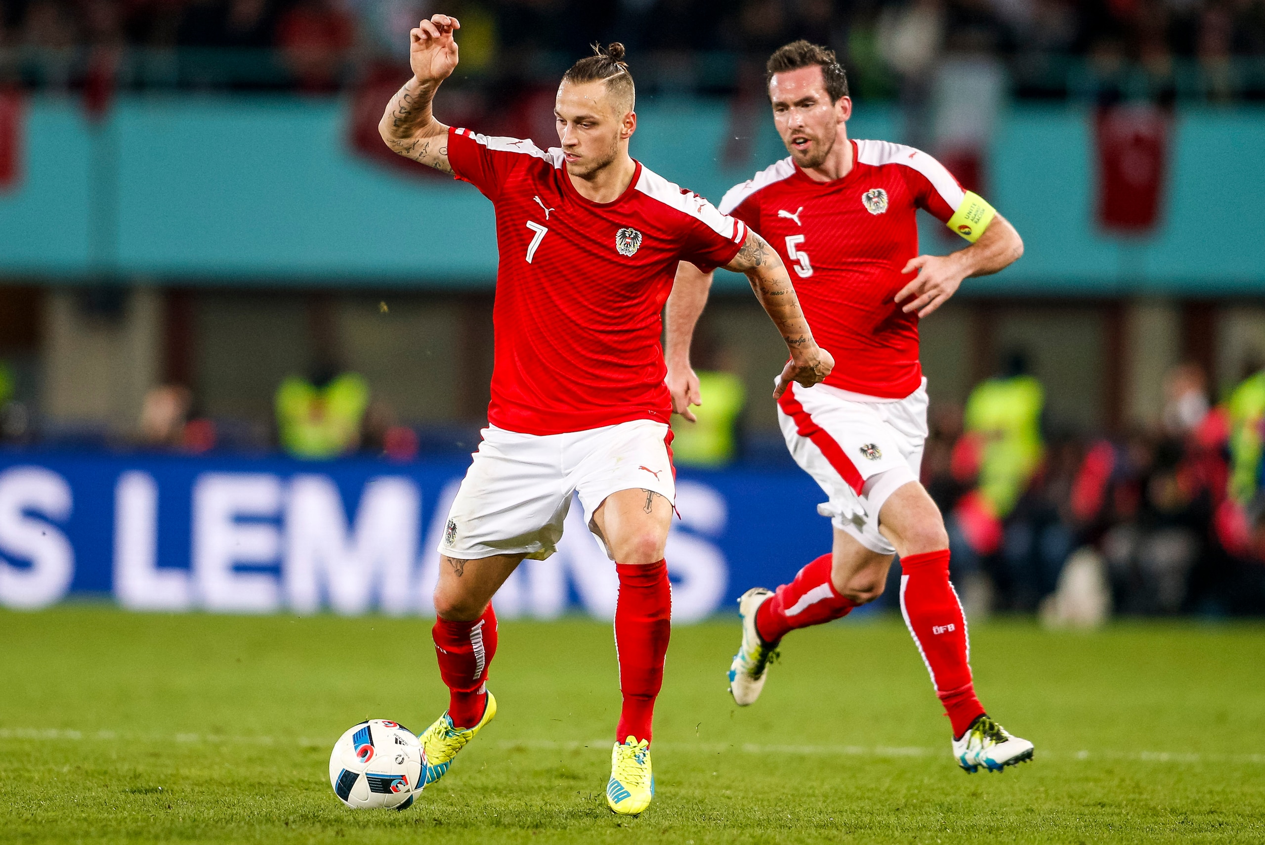 Arnautovic with Austria team-mate Fuchs in the background