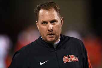 STARKVILLE, MS - NOVEMBER 28:  Head coach Hugh Freeze of the Mississippi Rebels watches action prior to a game against the Mississippi State Bulldogs at Davis Wade Stadium on November 28, 2015 in Starkville, Mississippi.  Mississippi defeated Mississippi 