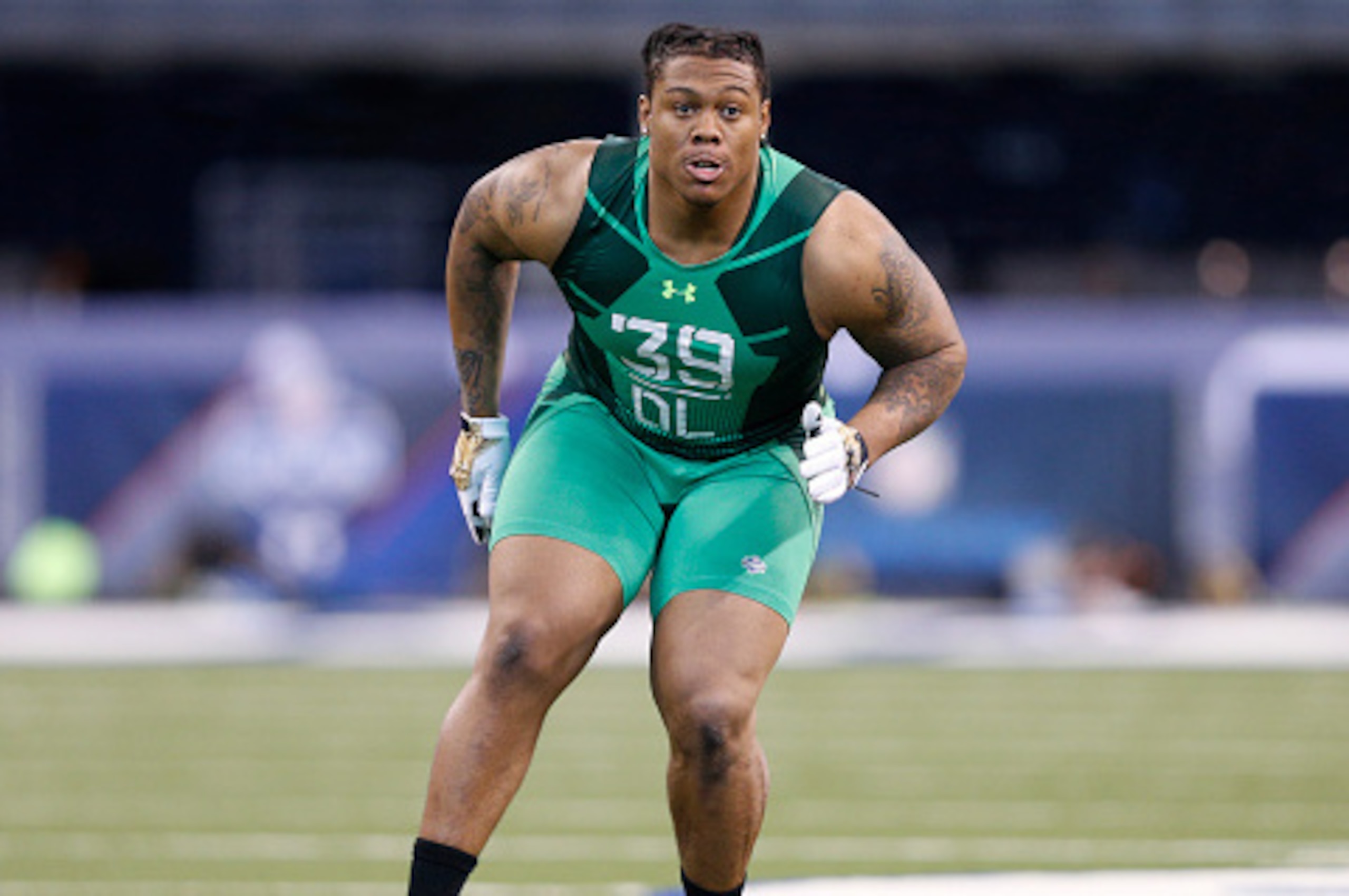 INDIANAPOLIS, IN - FEBRUARY 22: Defensive lineman Darius Philon of Arkansas in action during the 2015 NFL Scouting Combine at Lucas Oil Stadium on February 22, 2015 in Indianapolis, Indiana. (Photo by Joe Robbins/Getty Images)