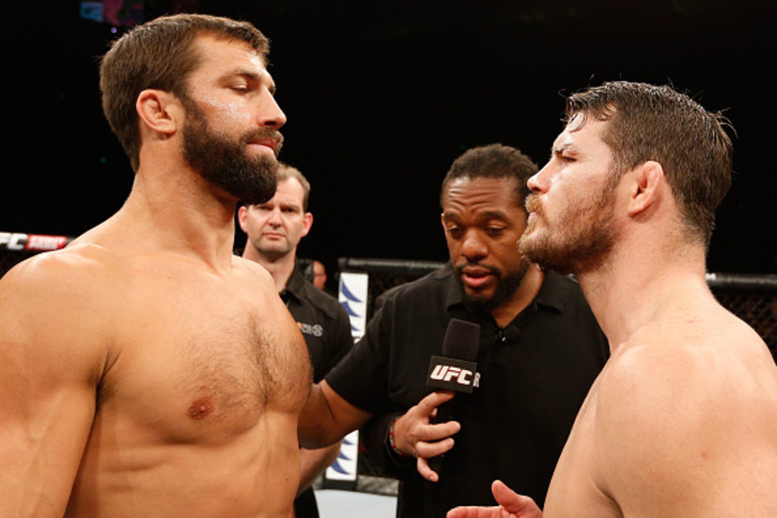SYDNEY, NSW - NOVEMBER 08:  (L-R) Opponents Luke Rockhold of the United States and Michael Bisping of England face off before their middleweight bout during the UFC Fight Night event inside Allphones Arena on November 8, 2014 in Sydney, Australia.  (Photo