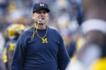 Apr 1, 2016; Ann Arbor, MI, USA; Michigan Wolverines head coach Jim Harbaugh looks on during the spring game at Michigan Stadium. Mandatory Credit: Rick Osentoski-USA TODAY Sports