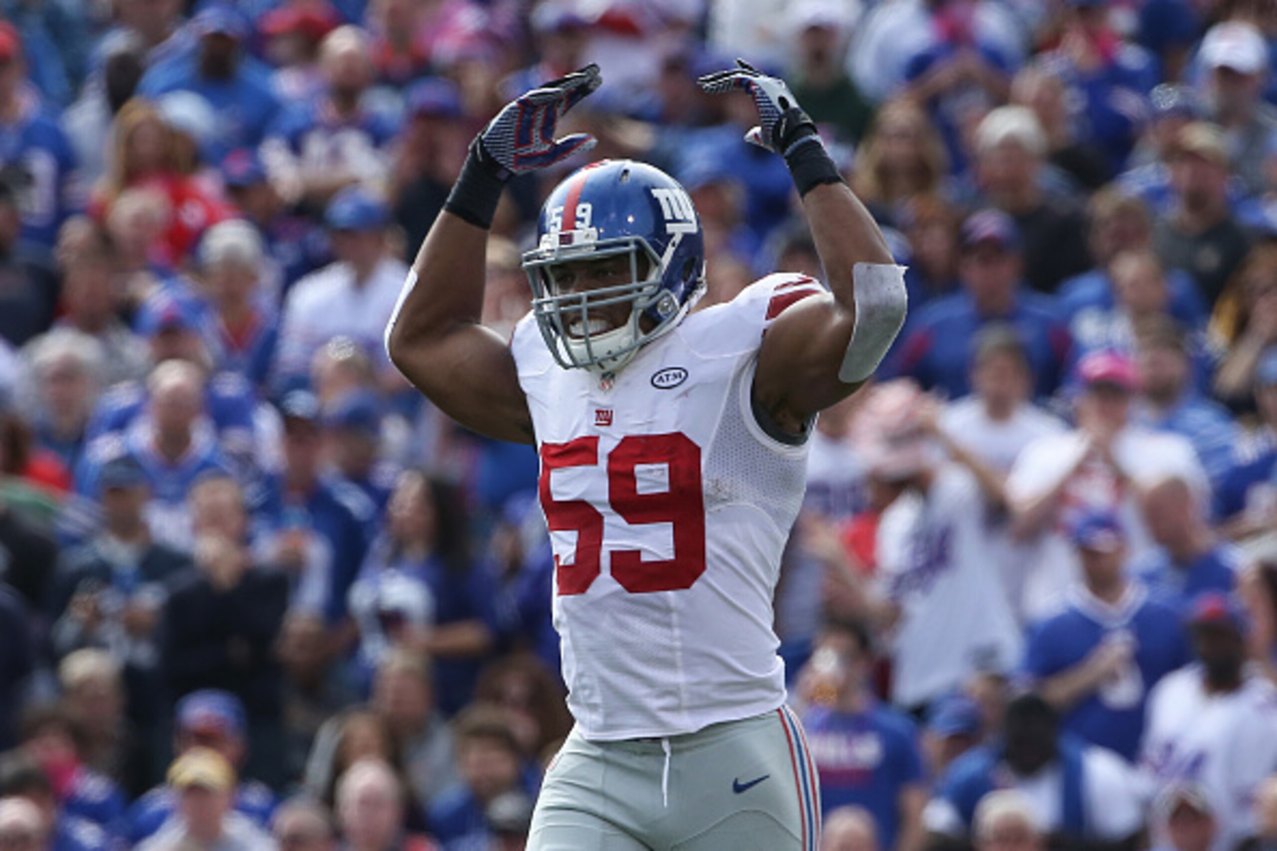 ORCHARD PARK, NY - OCTOBER 4: Devon Kennard #59 of the New York Giants tries to get fired up during NFL game action against the Buffalo Bills at Ralph Wilson Stadium on October 4, 2015 in Orchard Park, New York. (Photo by Tom Szczerbowski/Getty Images)