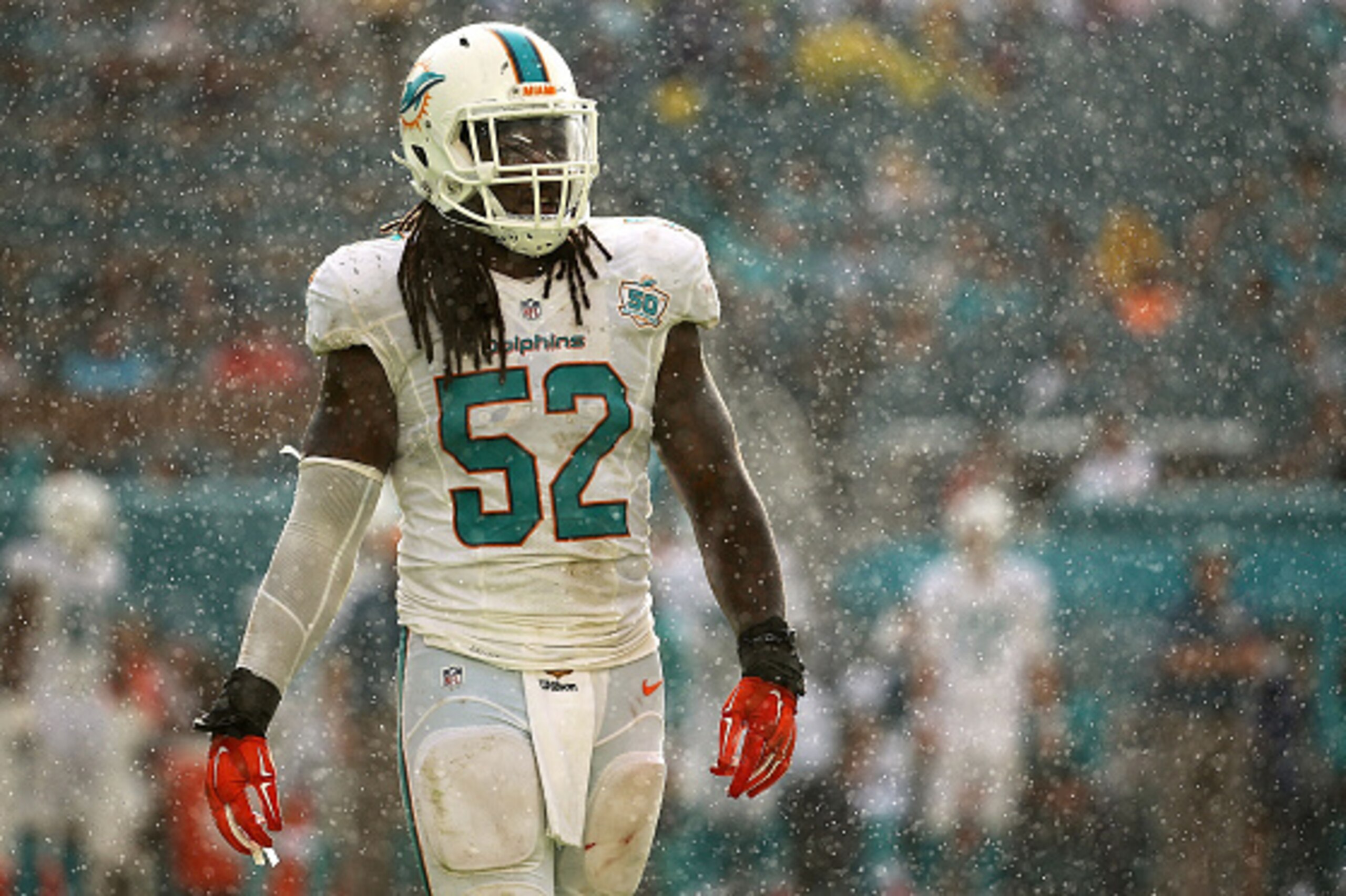 MIAMI GARDENS, FL - DECEMBER 06:  Kelvin Sheppard #52 of the Miami Dolphins looks on during a game against the Baltimore Ravens at Sun Life Stadium on December 6, 2015 in Miami Gardens, Florida.  (Photo by Mike Ehrmann/Getty Images)