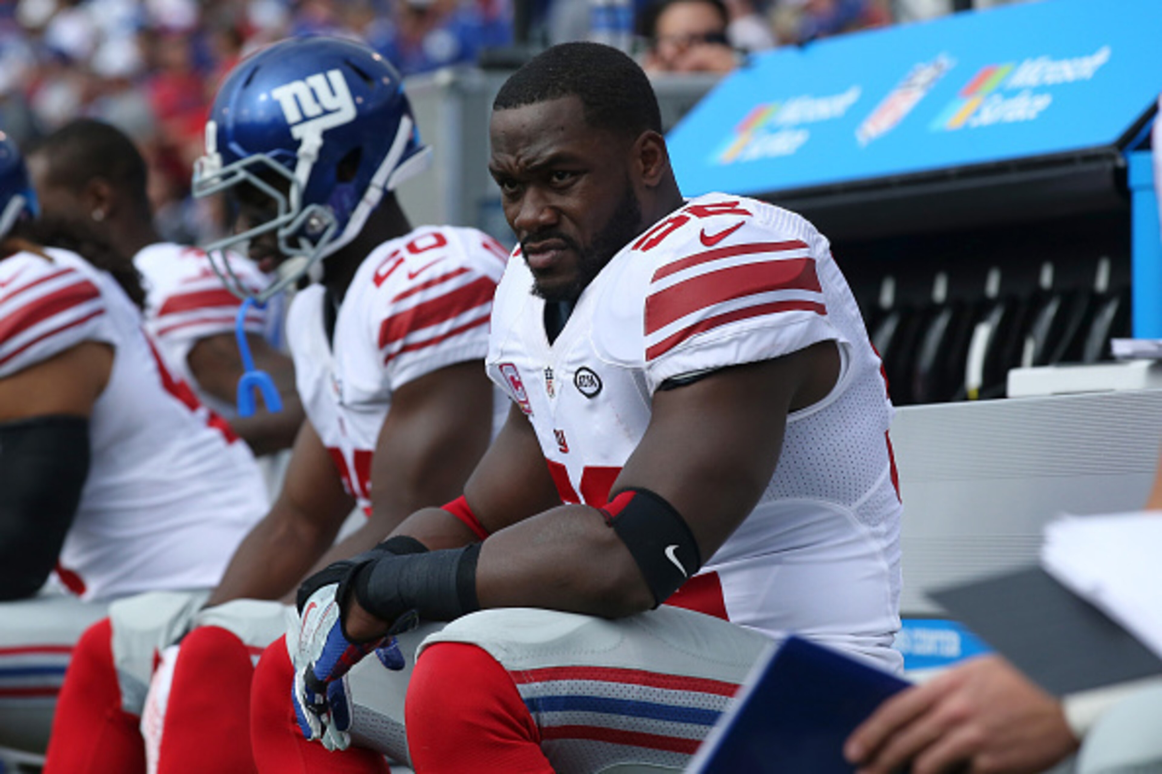 ORCHARD PARK, NY - OCTOBER 4: Jon Beason #52 of the New York Giants looks on from the bench during NFL game action against the Buffalo Bills at Ralph Wilson Stadium on October 4, 2015 in Orchard Park, New York. (Photo by Tom Szczerbowski/Getty Images)