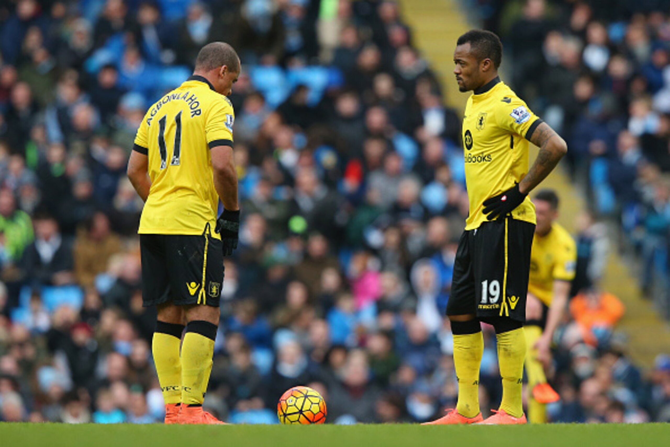 MANCHESTER, ENGLAND - MARCH 05:  Gabriel Agbonlahor (L) and Jordan Ayew (R) of Aston Villa show their frustration after Machester City's fourth goal during the Barclays Premier League match between Manchester City and Aston Villa at Etihad Stadium on Marc