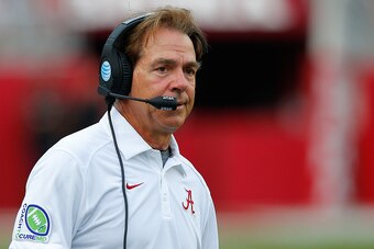 TUSCALOOSA, AL - SEPTEMBER 26:  Head coach Nick Saban of the Alabama Crimson Tide look on against the Louisiana Monroe Warhawks at Bryant-Denny Stadium on September 26, 2015 in Tuscaloosa, Alabama.  (Photo by Kevin C. Cox/Getty Images)