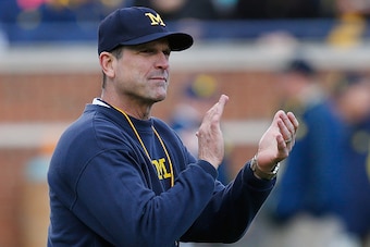 ANN ARBOR, MI - APRIL 01: Head coach Jim Harbaugh of the Michigan Wolverines looks on prior to the Michigan Football Spring Game on April 1, 2016 at Michigan Stadium in Ann Arbor, Michigan.  (Photo by Gregory Shamus/Getty Images)