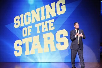 ANN ARBOR, MI - FEBRUARY  3:  Head coach Jim Harbaugh of the Michigan Wolverines speaks during the Michigan Signing of the Stars event at Hill Auditorium on February 3, 2016 in Ann Arbor, Michigan. (Photo by Rey Del Rio/Getty Images)