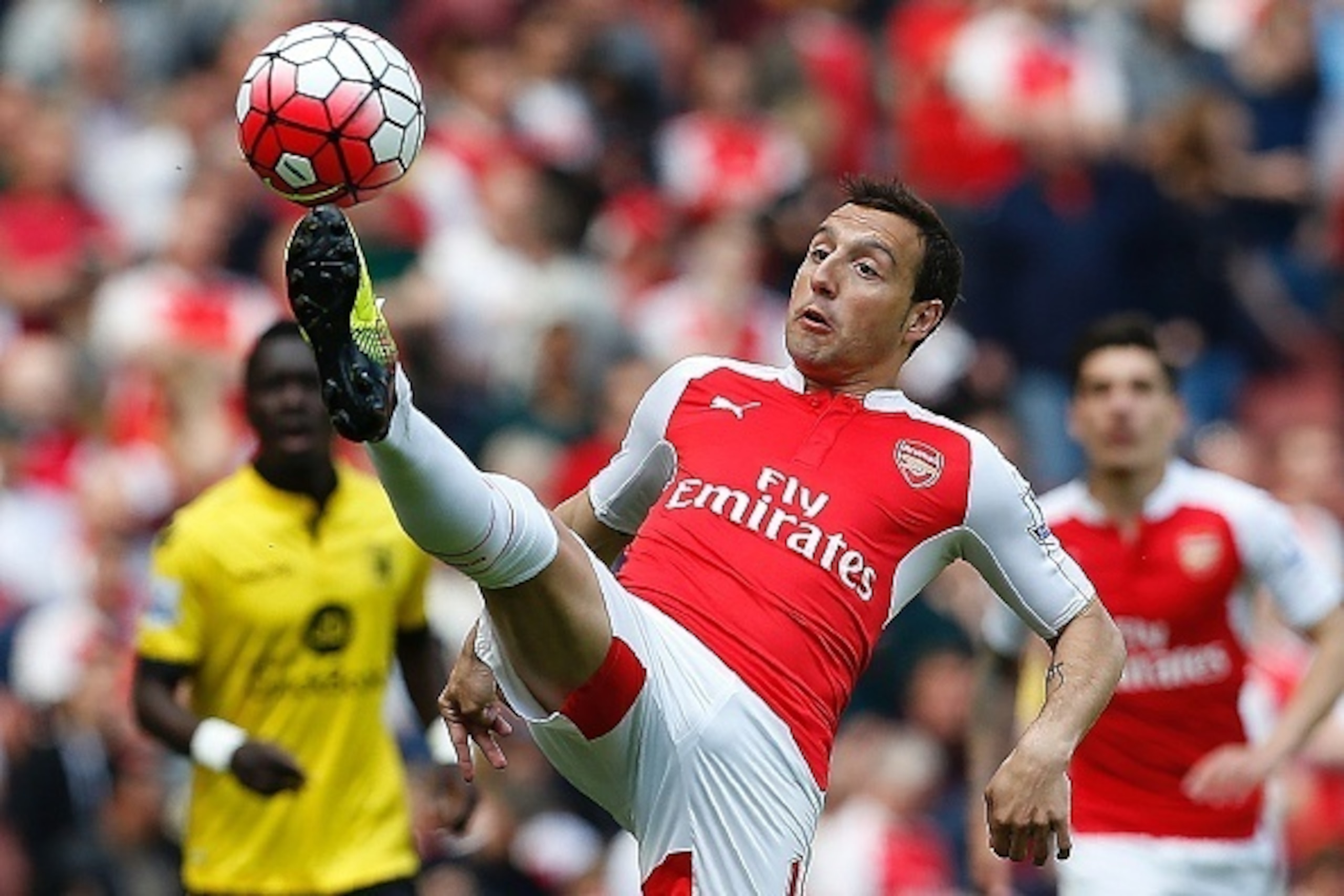 Arsenal's Spanish midfielder Santi Cazorla controls the ball during the English Premier League football match between Arsenal and Aston Villa at the Emirates Stadium in London on May 15, 2016.  / AFP / Ian Kington / RESTRICTED TO EDITORIAL USE. No use wit
