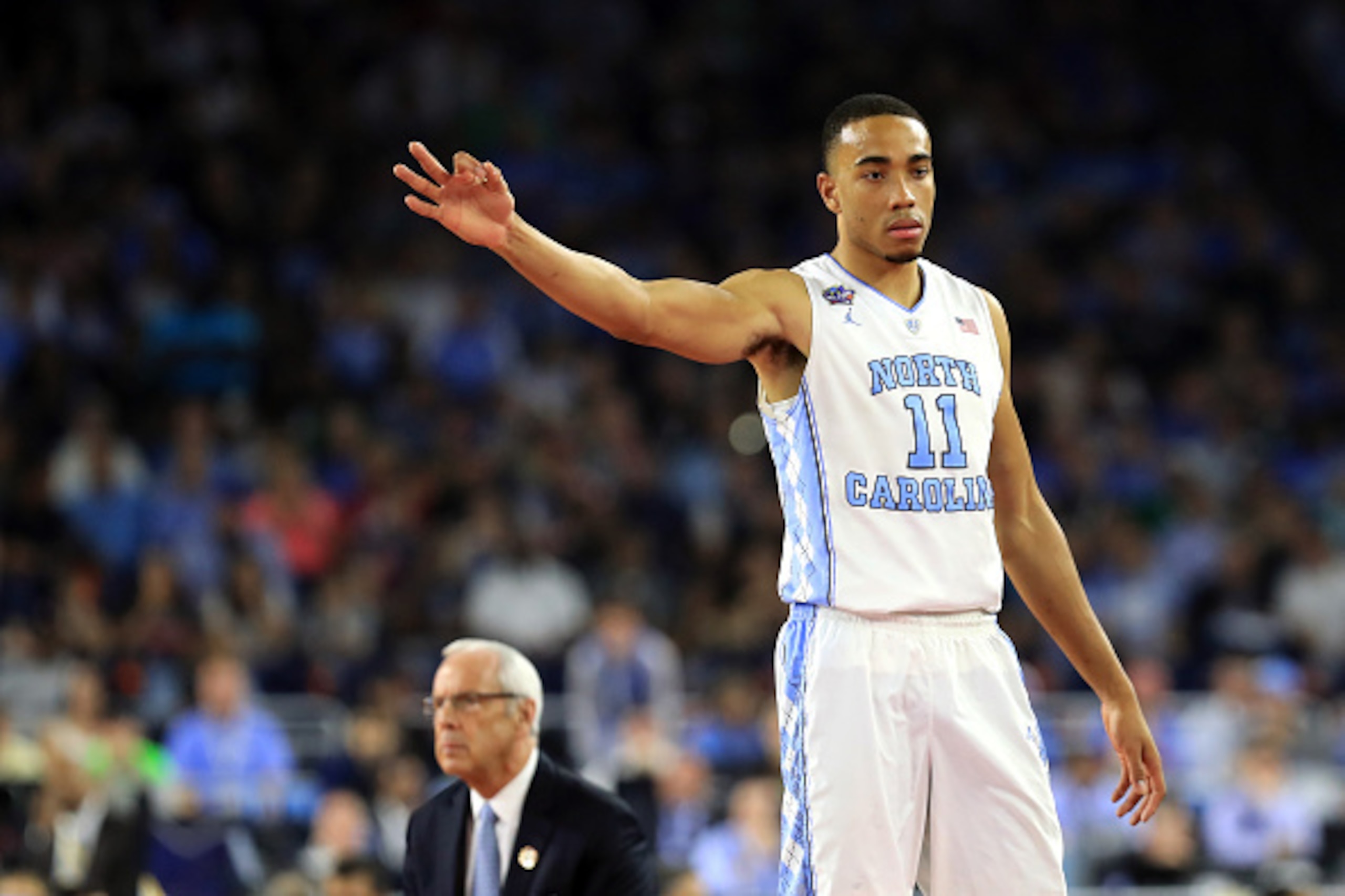 HOUSTON, TEXAS - APRIL 04:  Brice Johnson #11 of the North Carolina Tar Heels gestures in the first half against the Villanova Wildcats during the 2016 NCAA Men's Final Four National Championship game at NRG Stadium on April 4, 2016 in Houston, Texas.  (P