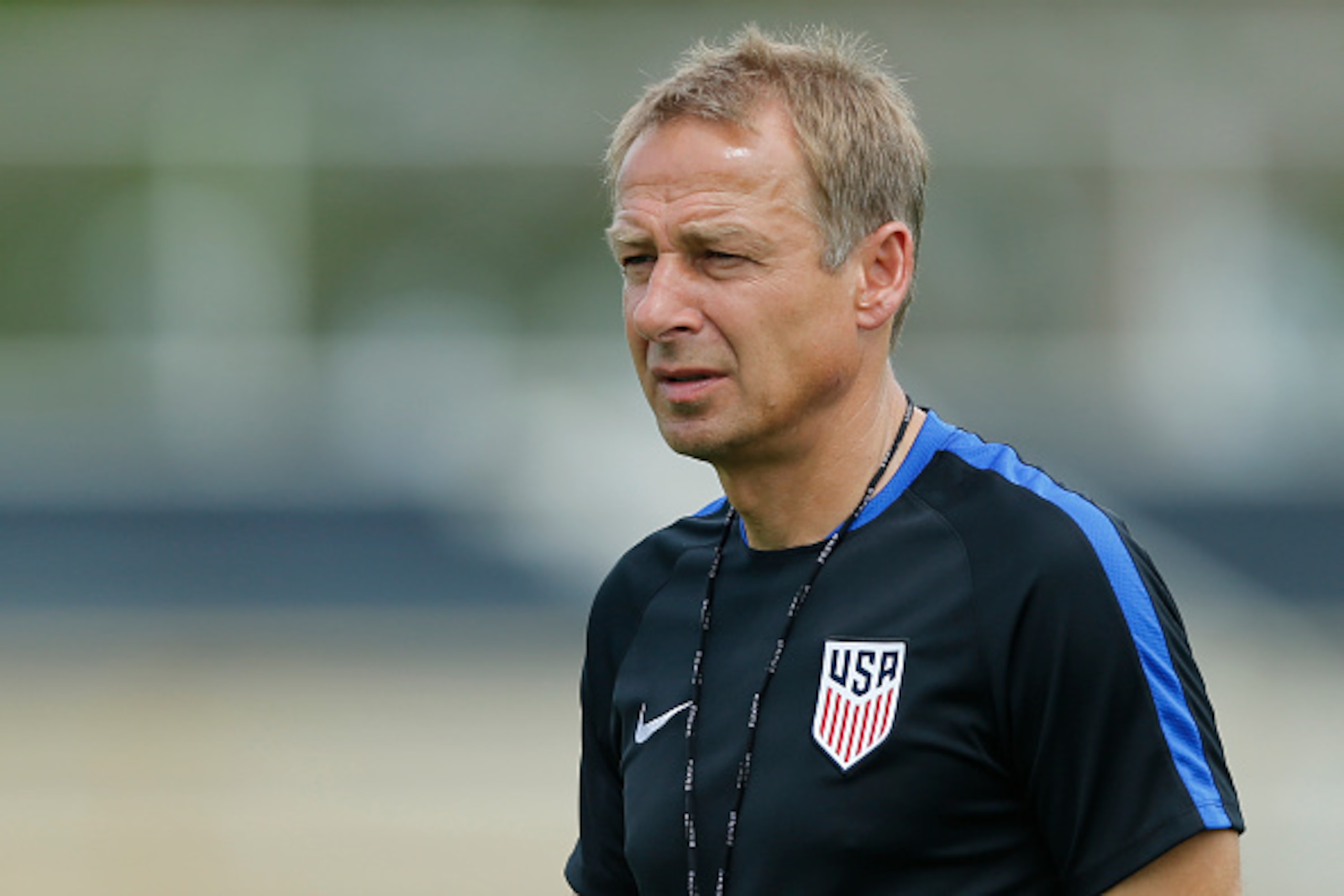 MIAMI SHORES, FL - MAY 18: Head coach Jurgen Klinsmann of the U.S. Men's National team watches the team go through drills during a training session on May 18, 2016 at Buccaneer Field on the campus of Barry University in Miami Shores, Florida. (Photo by Jo