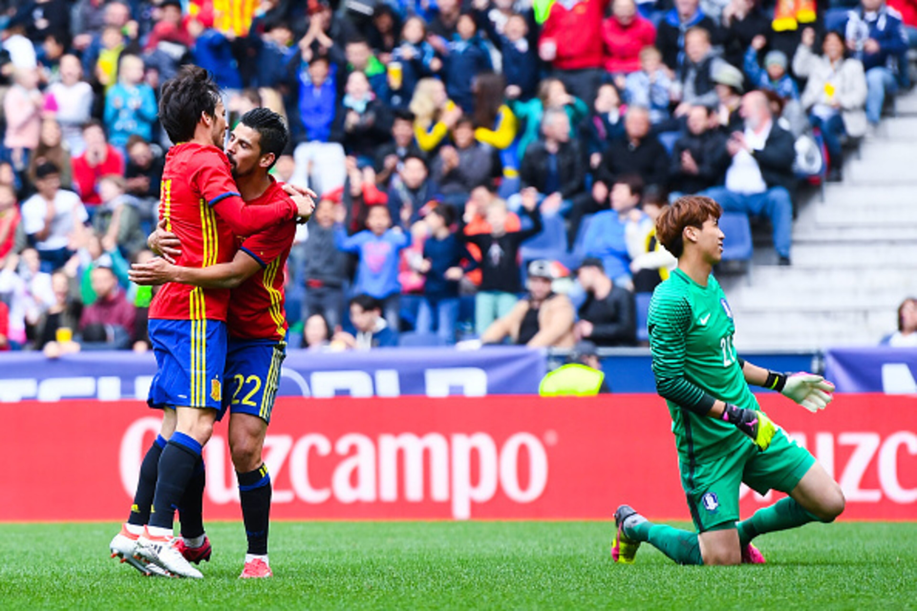SALZBURG, AUSTRIA - JUNE 01:  Manuel Agudo 'Nolito' of Spain (C) celebrates with his teammante David Silva after scoring his team's third goal during an international friendly match between Spain and Korea at the Red Bull Arena stadium on June 1, 2016 in 