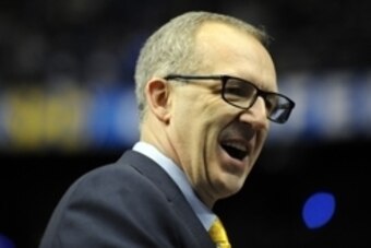 Mar 12, 2015; Nashville, TN, USA; SEC executive associate commissioner Greg Sankey talks with members of the media prior to the South Carolina Gamecocks game against the Mississippi Rebels at Bridgestone Arena. Sankey will replace commissioner Mike Slive 
